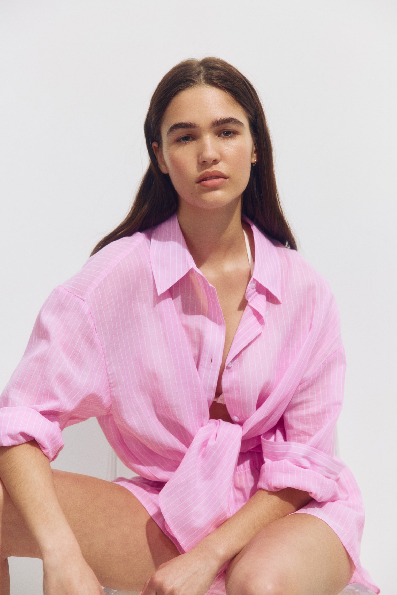 Cotton beach shirt - Pink/Pinstriped - 1