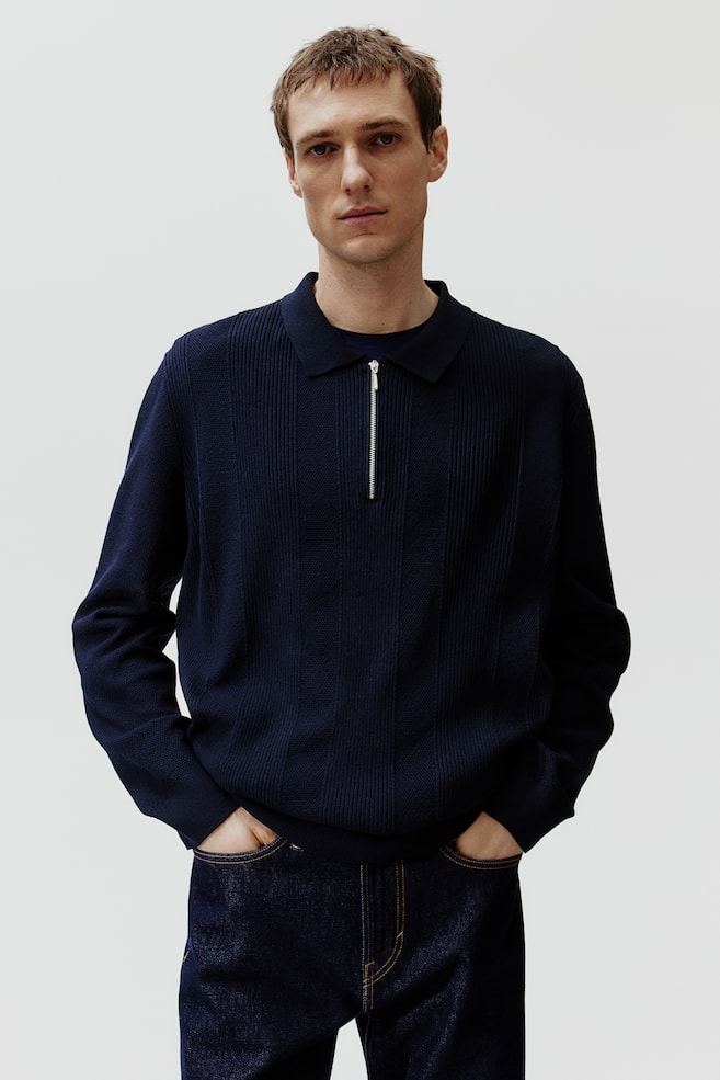 Poloshirt mit Zipper in Slim Fit - Marineblau/Beige - 1