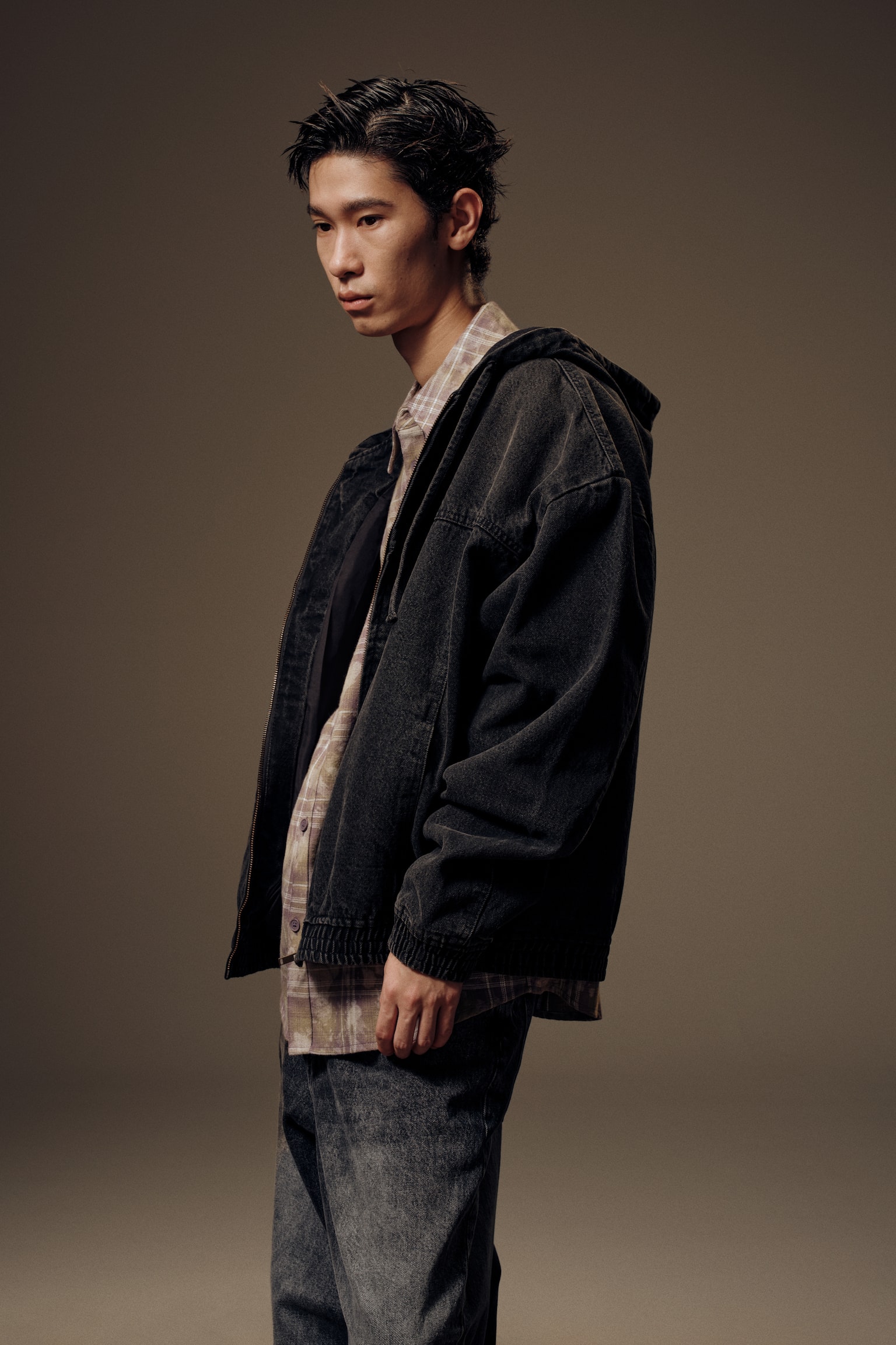 寬鬆剪裁連帽丹寧外套 - 黑色/丹寧灰 - 4