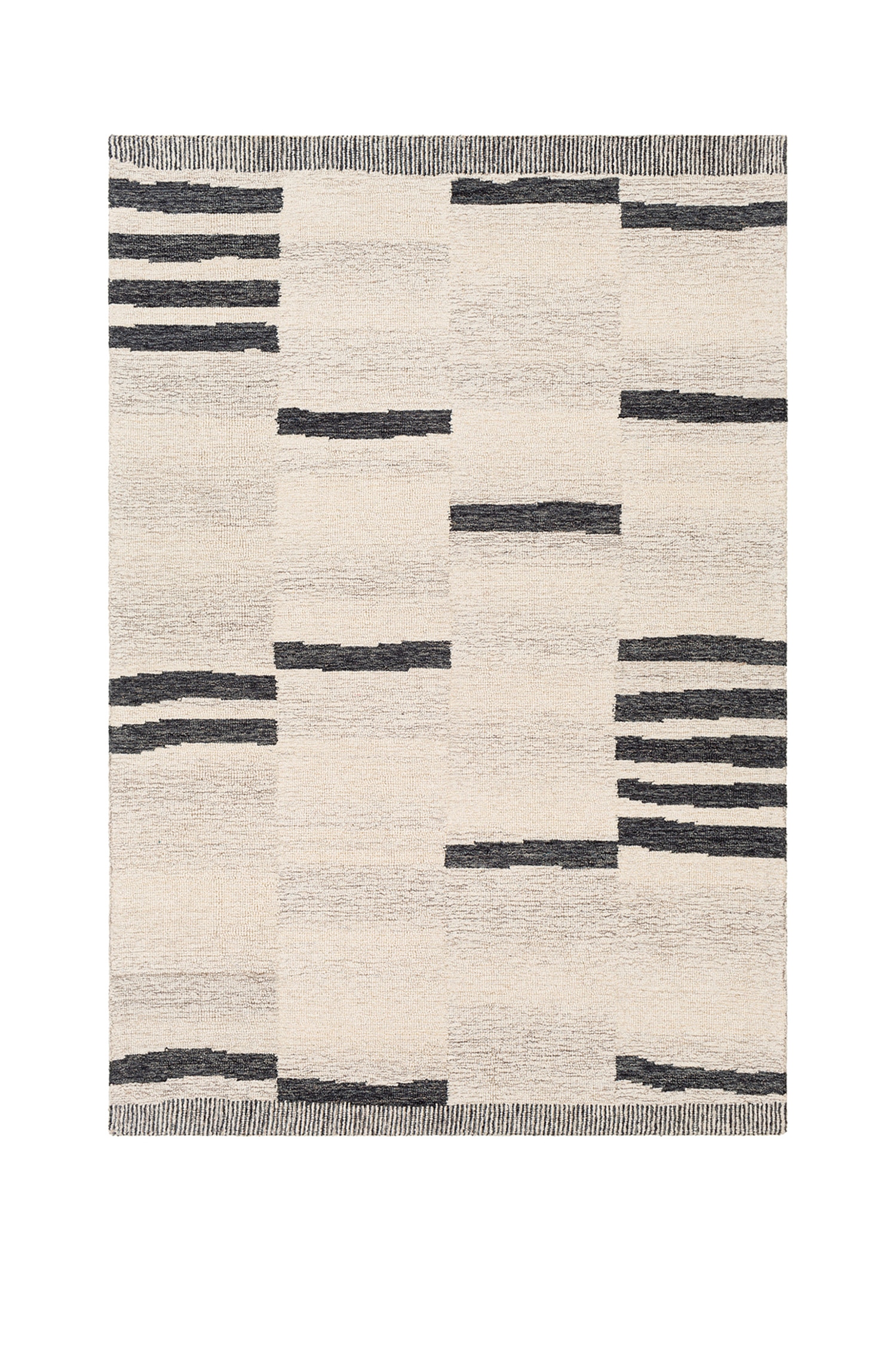 An area rug is showcasing a modern geometric pattern with a cream-coloured textured pile and scattered blocks of dark charcoal horizontal stripes of varying lengths and thicknesses. The top and bottom edges feature a thin, densely striped border.