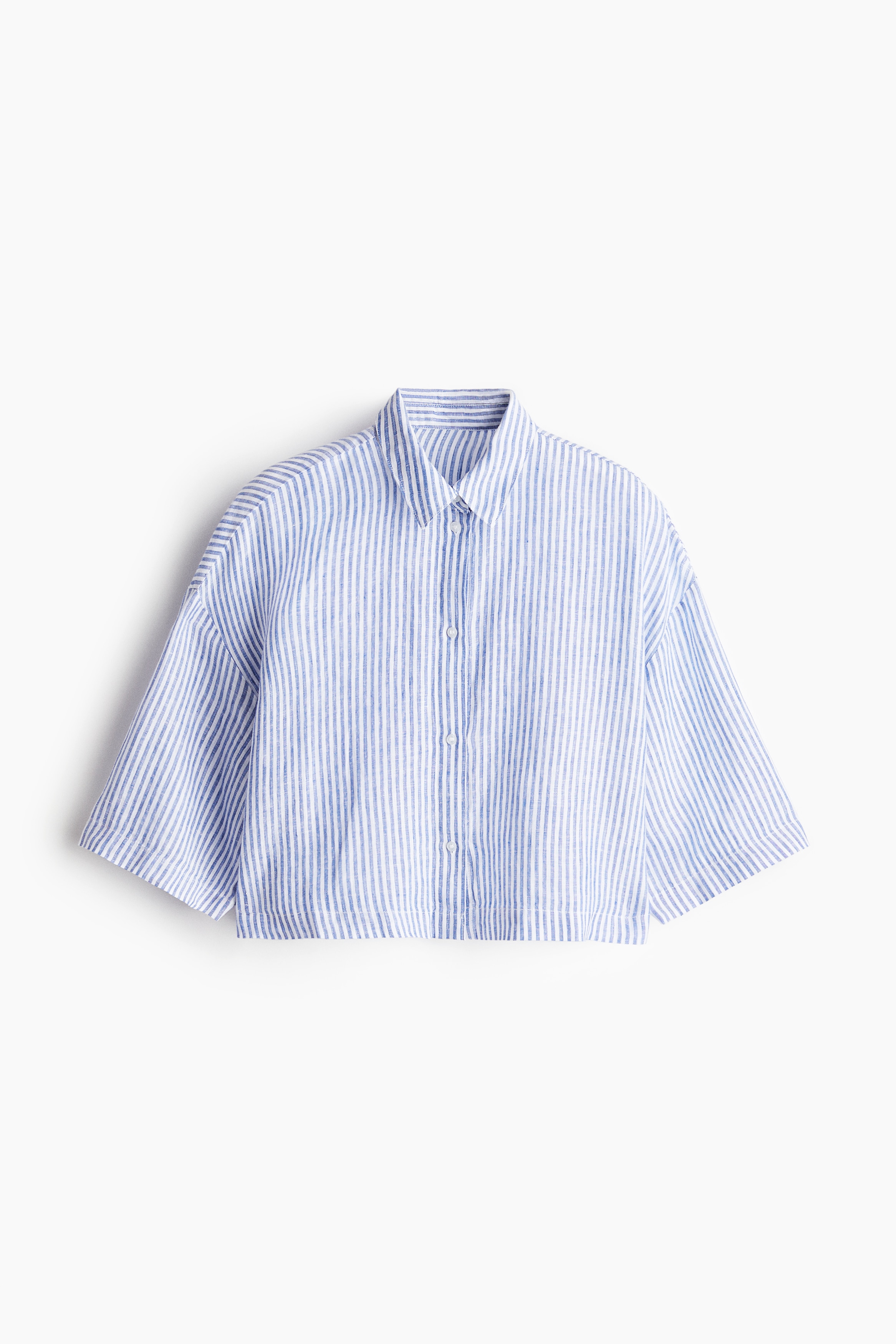 Camisa de silhueta quadrada em linho - Azul/Riscas/Bege claro