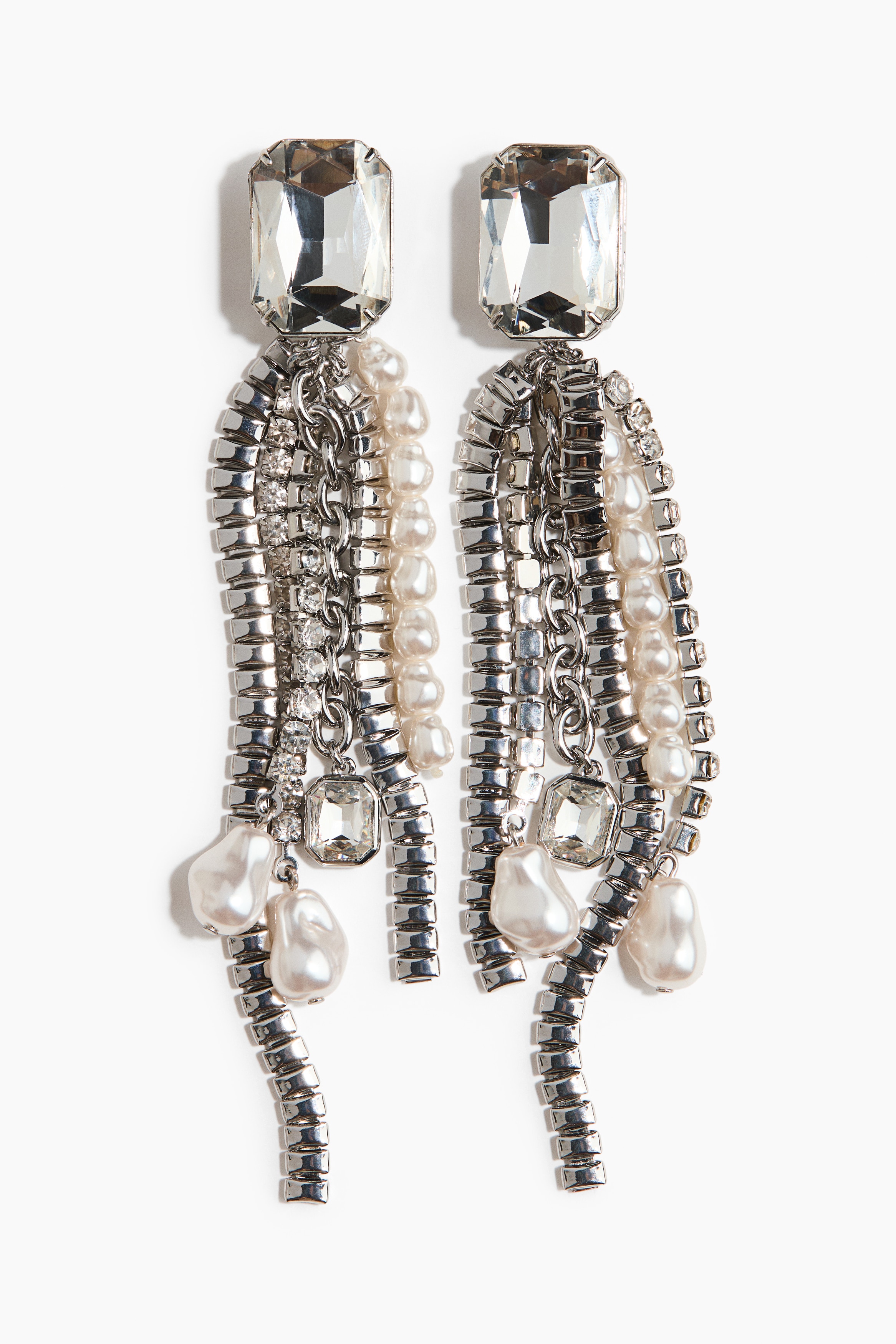 Long rhinestone clip earrings - Silver-coloured/Cream