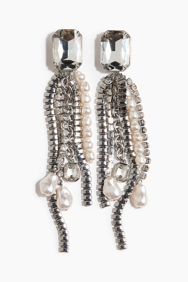 Long Rhinestone Clip Earrings - Silver-colored/cream - 1