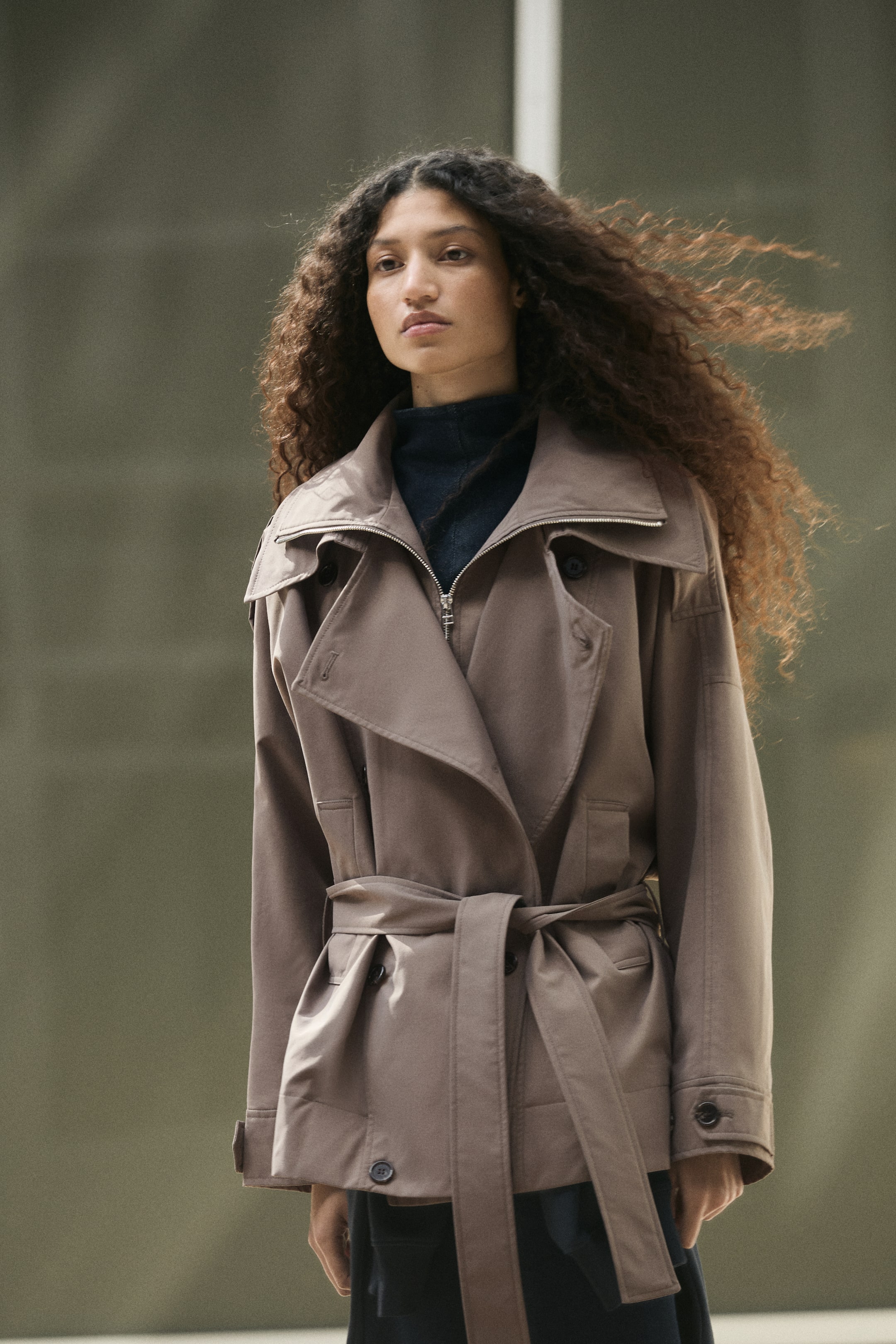 Short Funnel-Collar Trench Coat