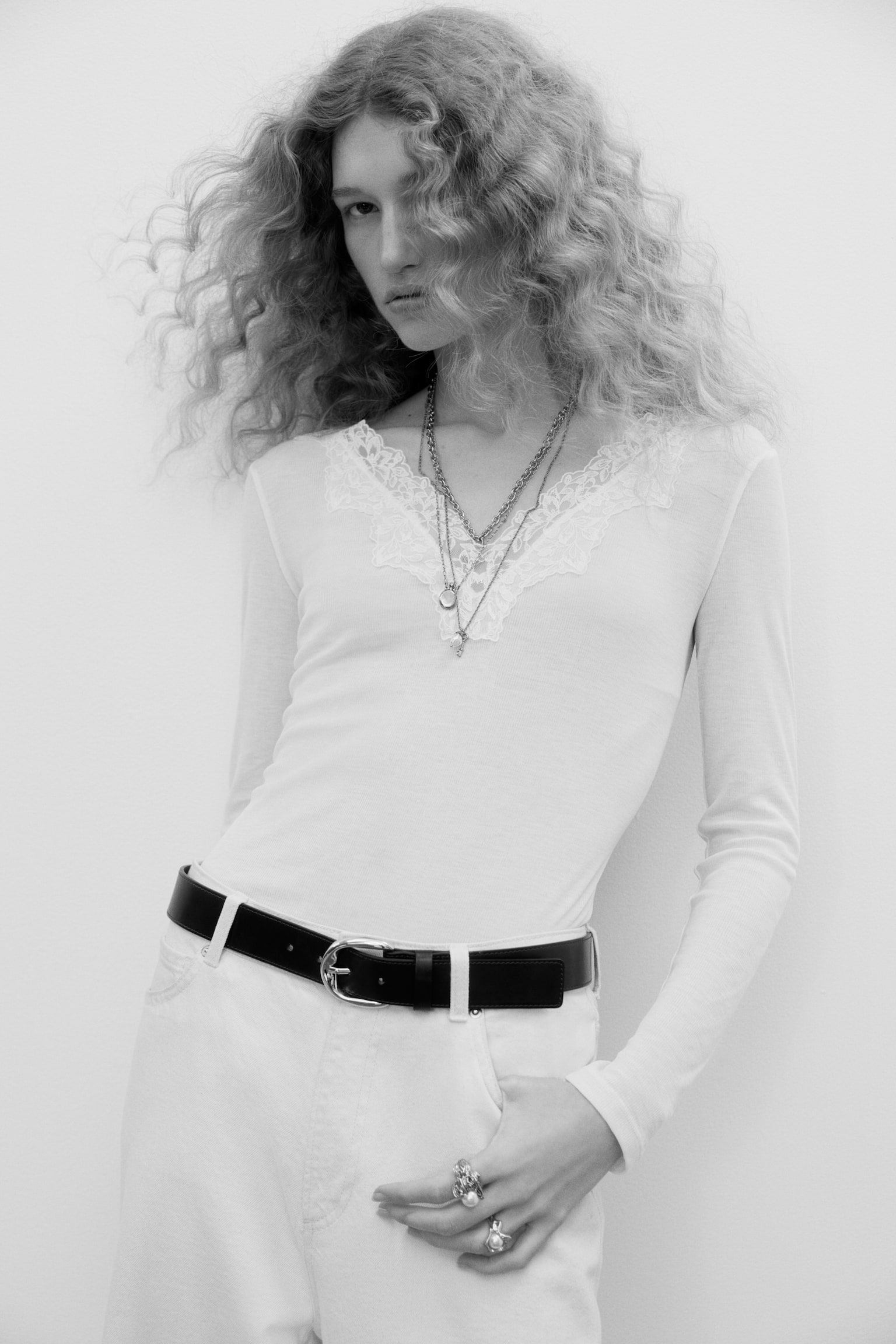 Lace-trimmed top - White/Dark brown/Dark grey marl - 2