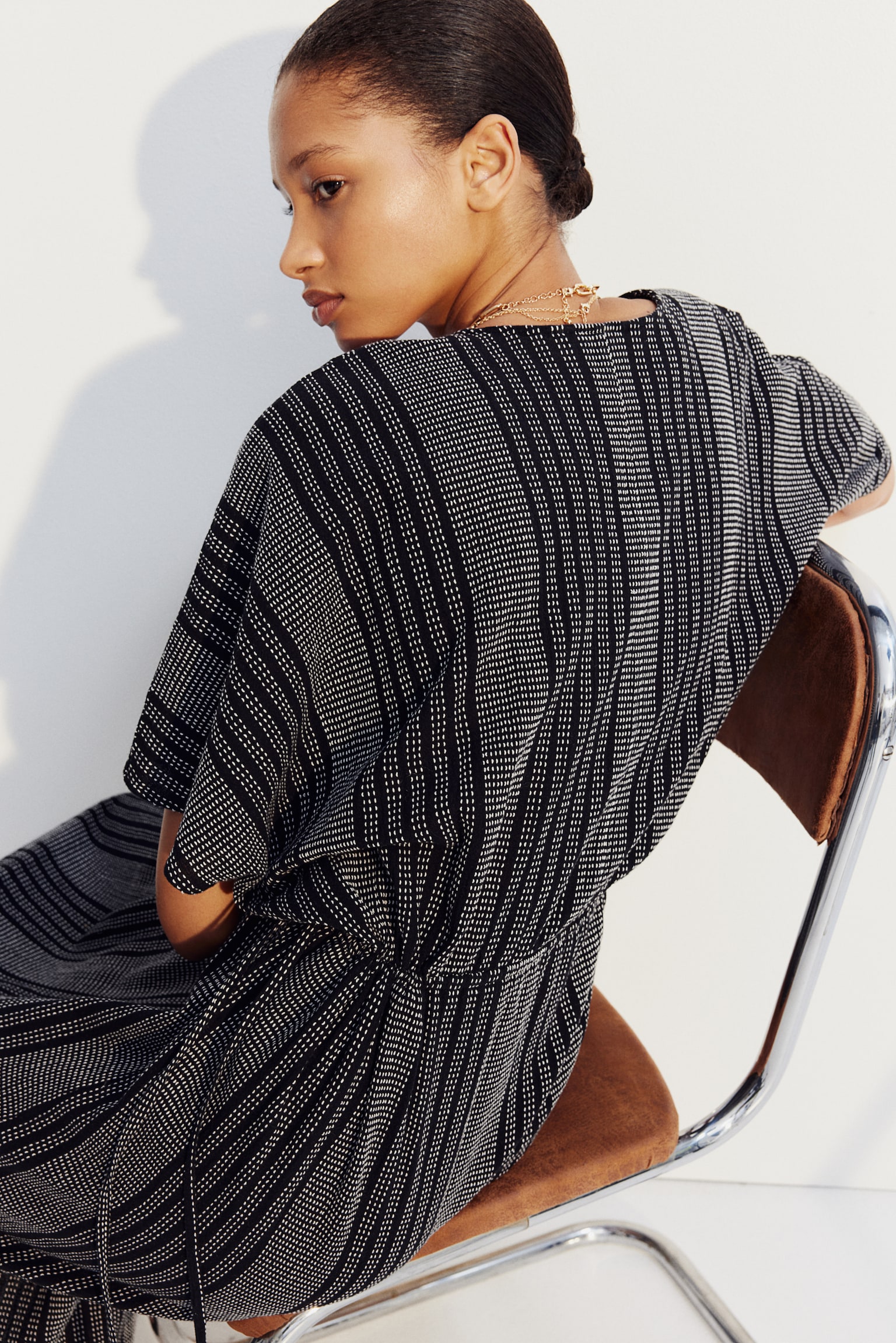 Drawstring-detail kaftan dress - Black/Striped/White/Blue striped - 5