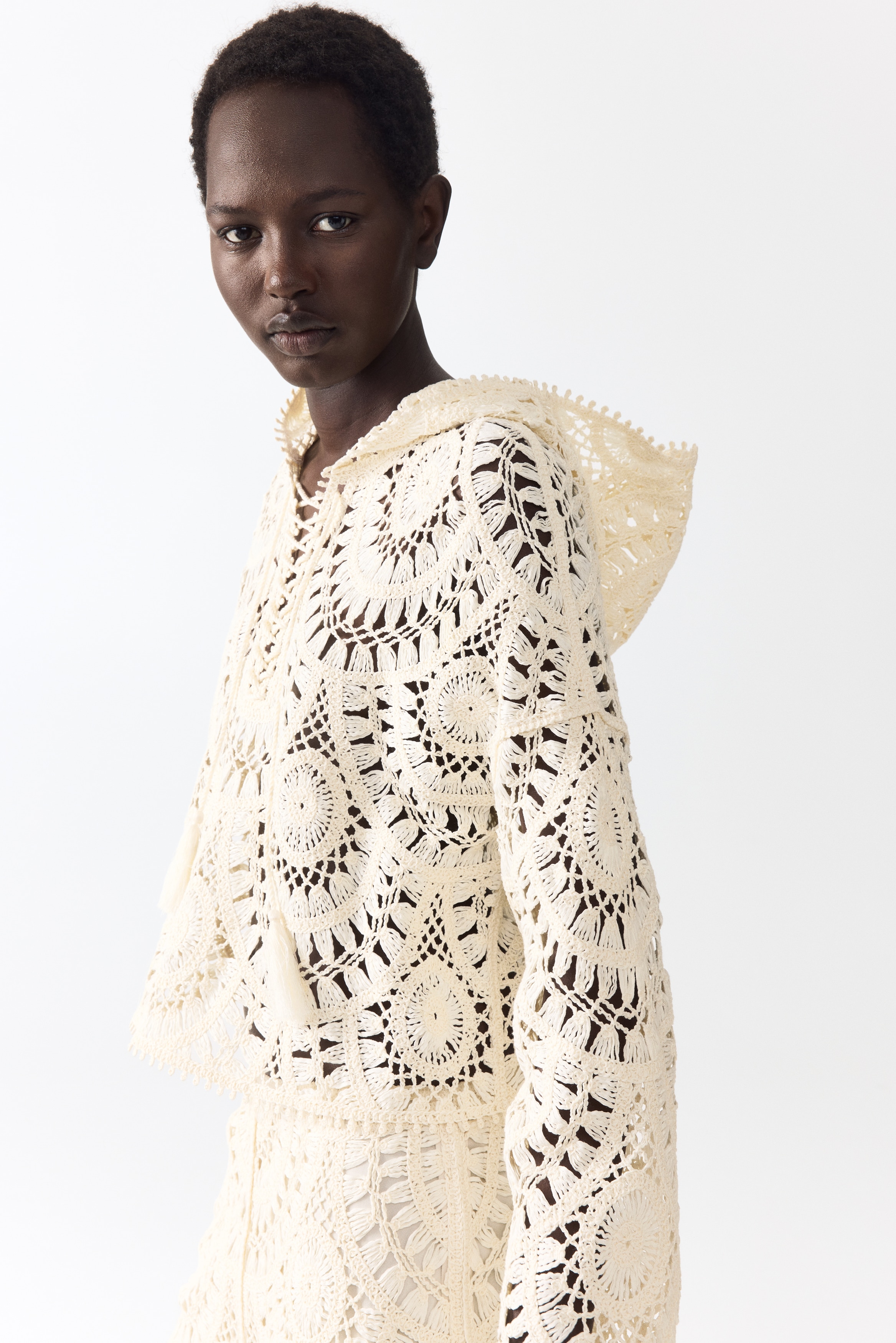 Women's Cream Crochet-Look Lace-Up Hoodie | H&M US