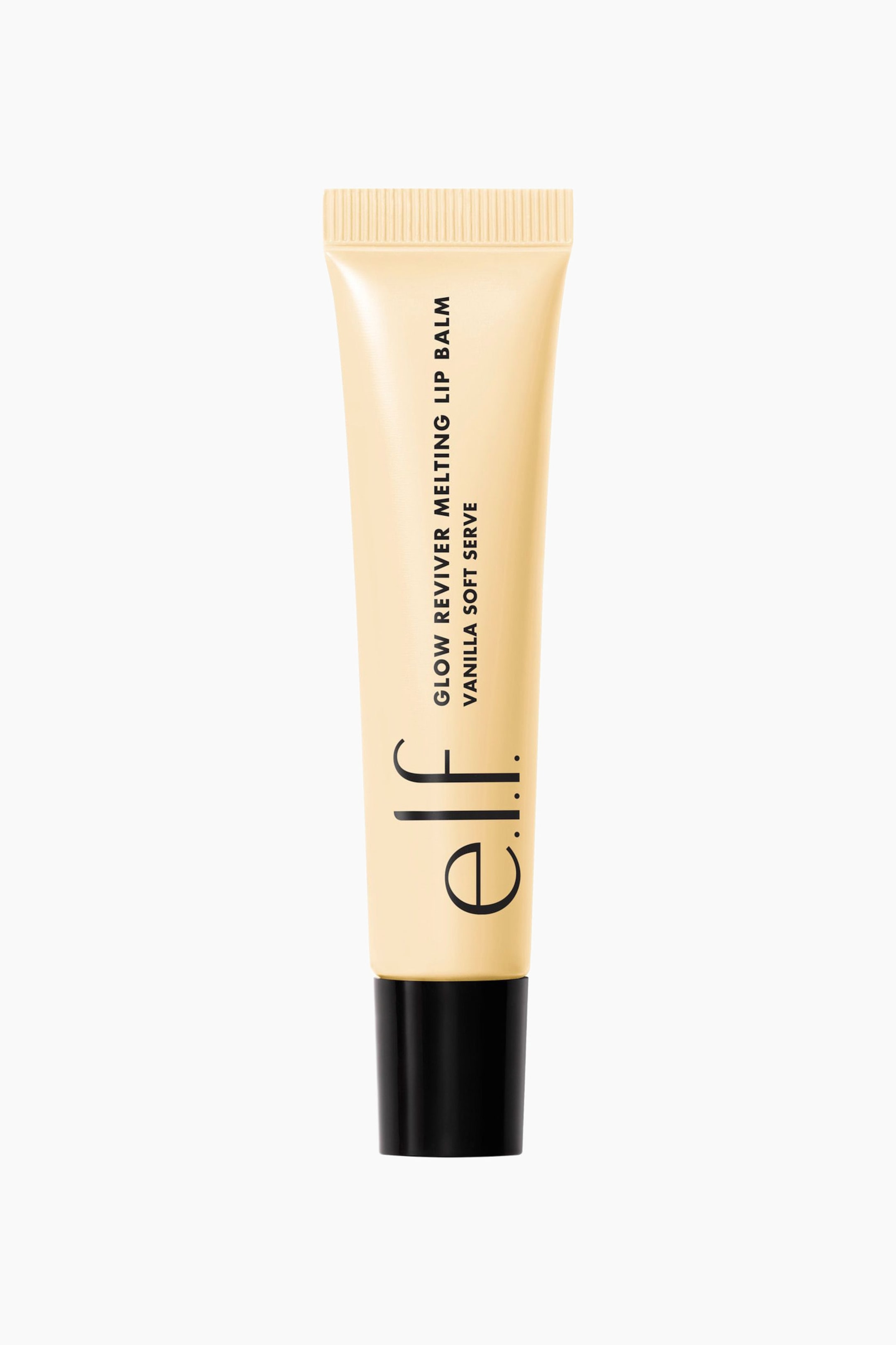 Vis større bilde: Et e.l.f. Glow Reviver Melting Lip Balm-rør står oppreist og viser sin lysegule kropp, svarte bunn og ribbede topp. Teksten "glow reviver melting lip balm vanilla soft serve" er trykt vertikalt på siden, sammen med e.l.f.-logoen.