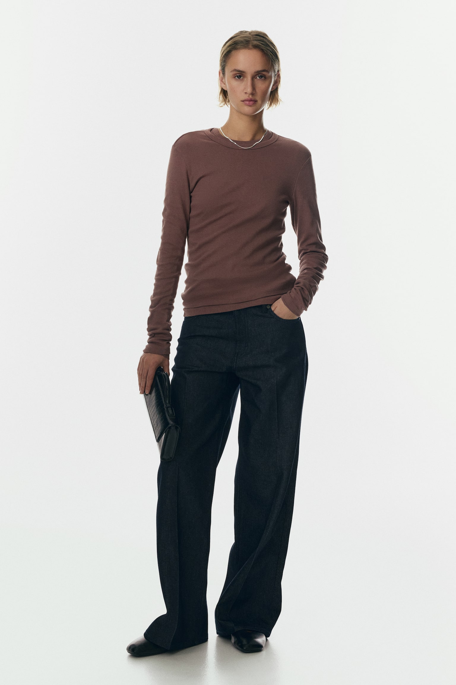 Женский топ H&M Long-sleeved Jersey Top, цвет: Тёмный серо-коричневый — фото 3