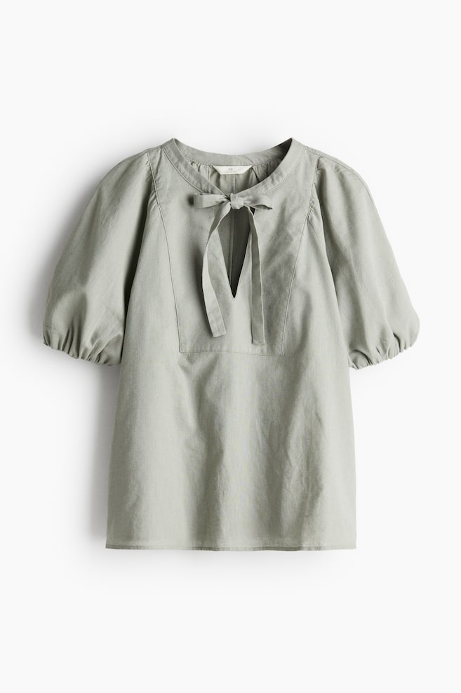 Blouse en lin mélangé avec col à nouer - Vert ancien clair/Blanc - 1