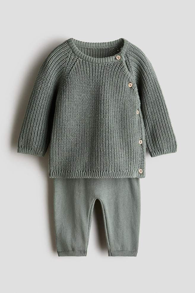 2-teiliges Baumwollset mit Pullover und Hose - Khakigrün/Braun/Hellbeige - 1