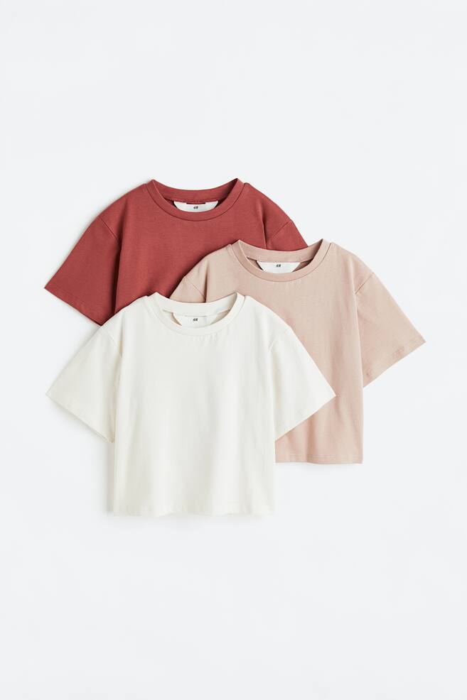 3-pack cotton T-shirts - Brick red/Powder beige/Light pink/Light beige - 1