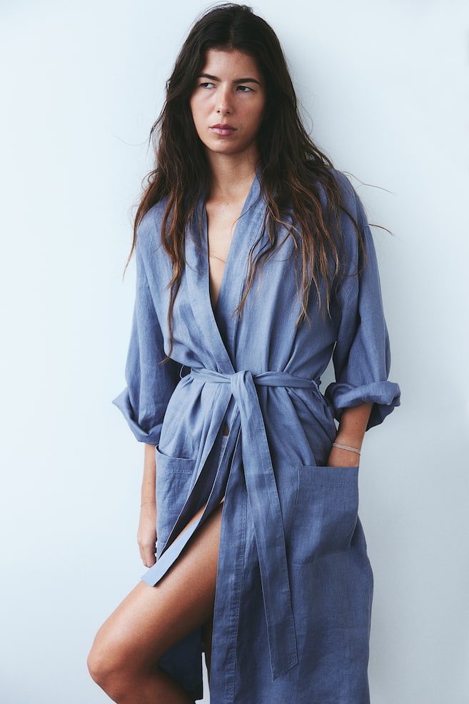 Washed linen dressing gown - Blue/Grey/Black/Light beige/dc - 5