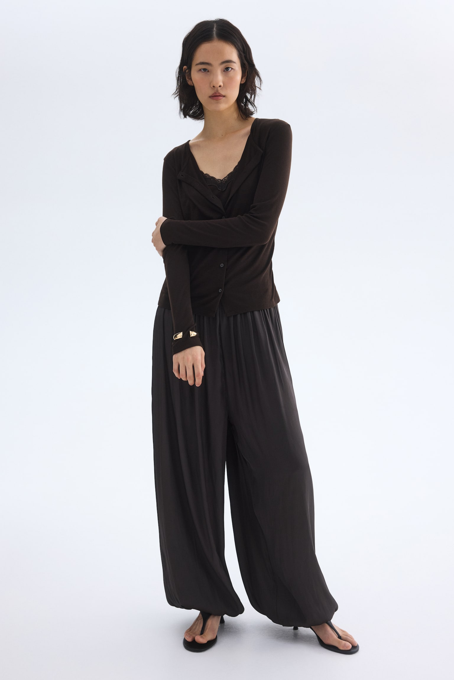 Layered cardigan - Dark brown/Cream/Black - 5