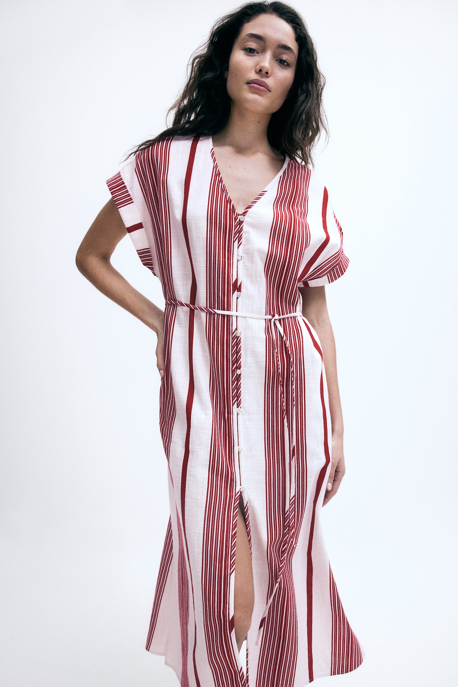 Button Front Crêpe Dress - White/Red stripe/White/Blue stripe - 3