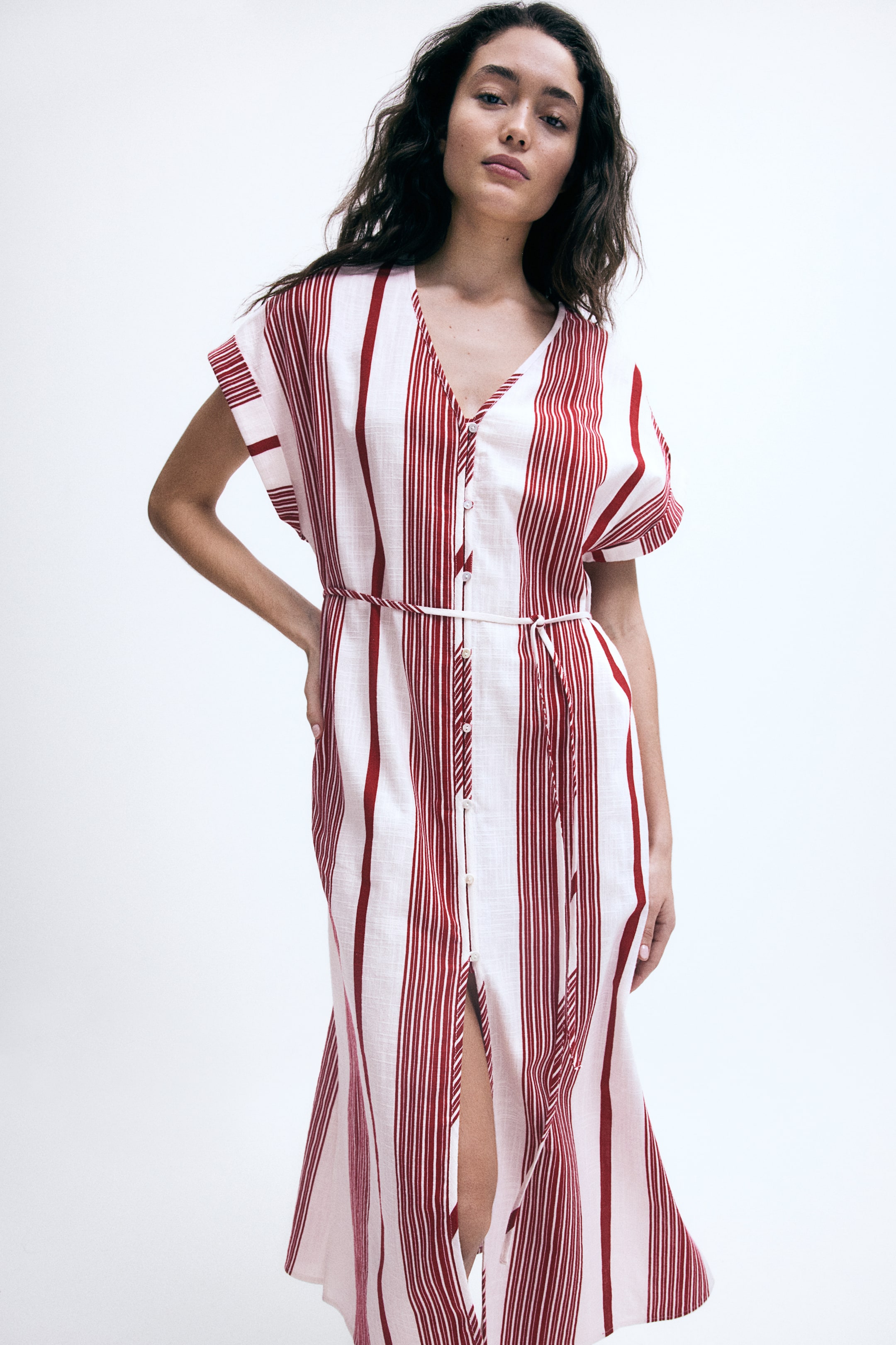 Button-front Crêpe Dress - White/red striped - Ladies | H&M US