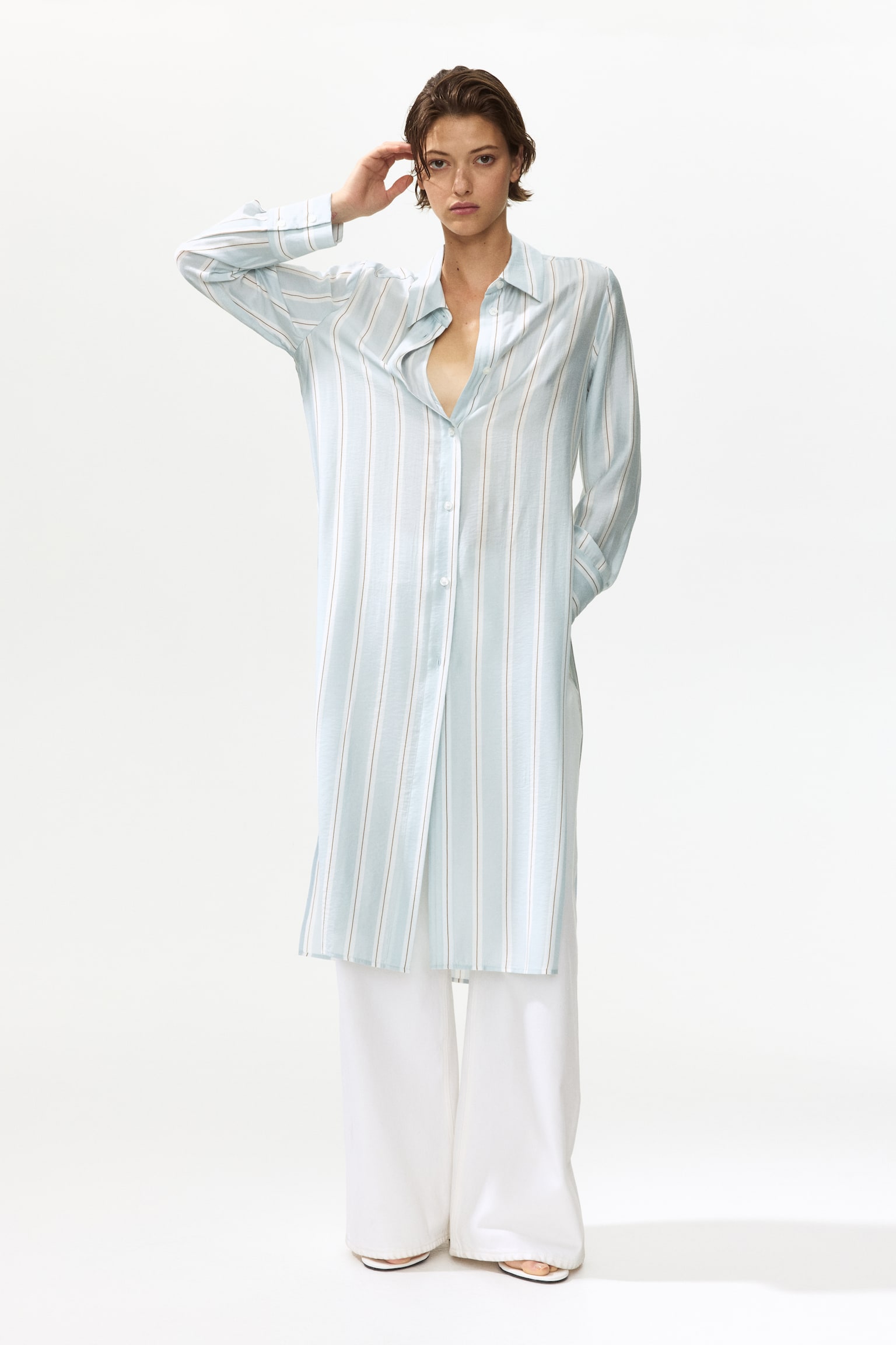 Long viscose-blend shirt - Light blue/Striped - 1