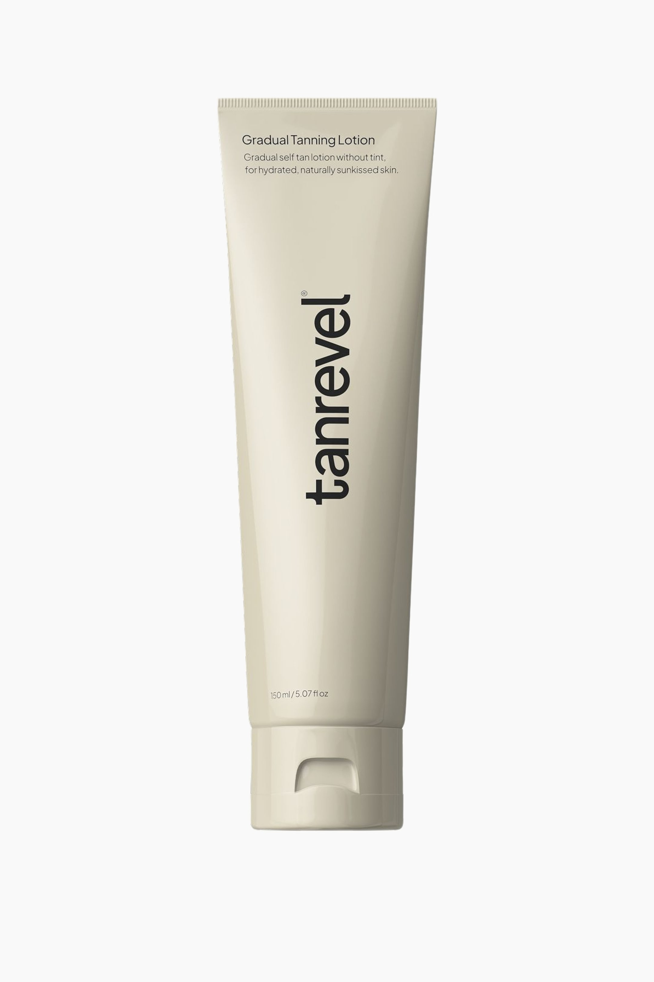 Se større billede: Et lys beige rør med gradvis selvbruningslotion står oprejst og vender fremad, med teksten "Gradual Tanning Lotion" øverst, mærkenavnet "tanrevel" vertikalt langs siden, og "150ml/5.07 fl oz" over en flip-top hætte nederst.