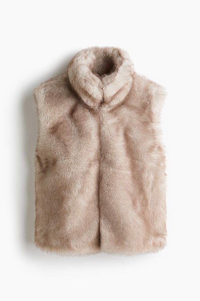 Fluffy Vest with Funnel Collar - Dusty beige/Dark brown - 1