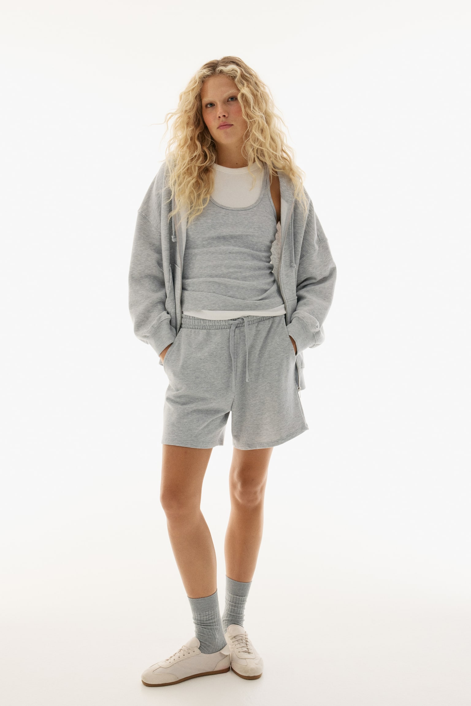 Áo hoodie kéo khoá dáng thụng - Màu xám nhạt đốm/Màu xanh dương nhạt/Màu nâu đậm - 5