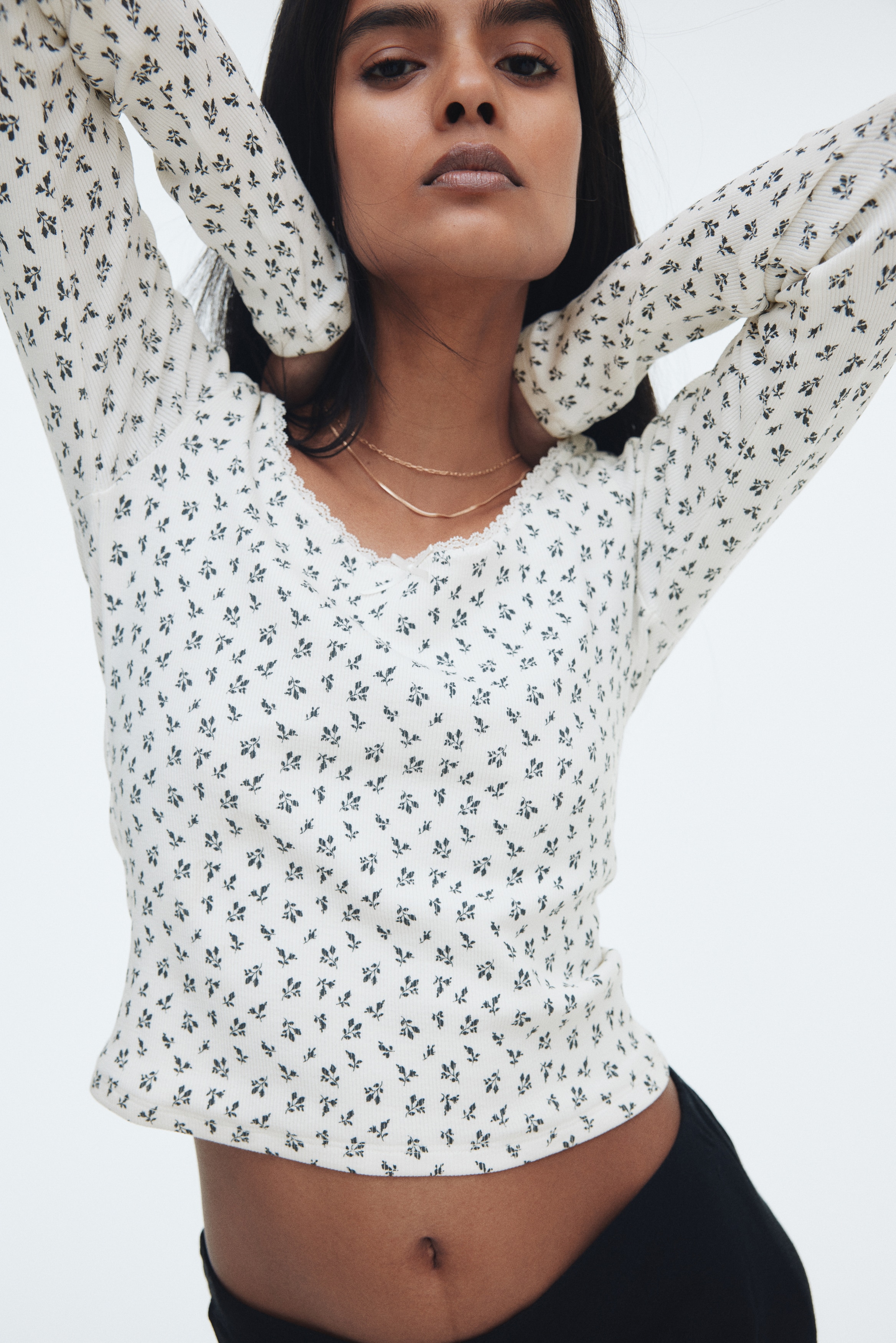 Signore - Bianco/fiori Maglia in jersey a costine - Size: L  - H&M