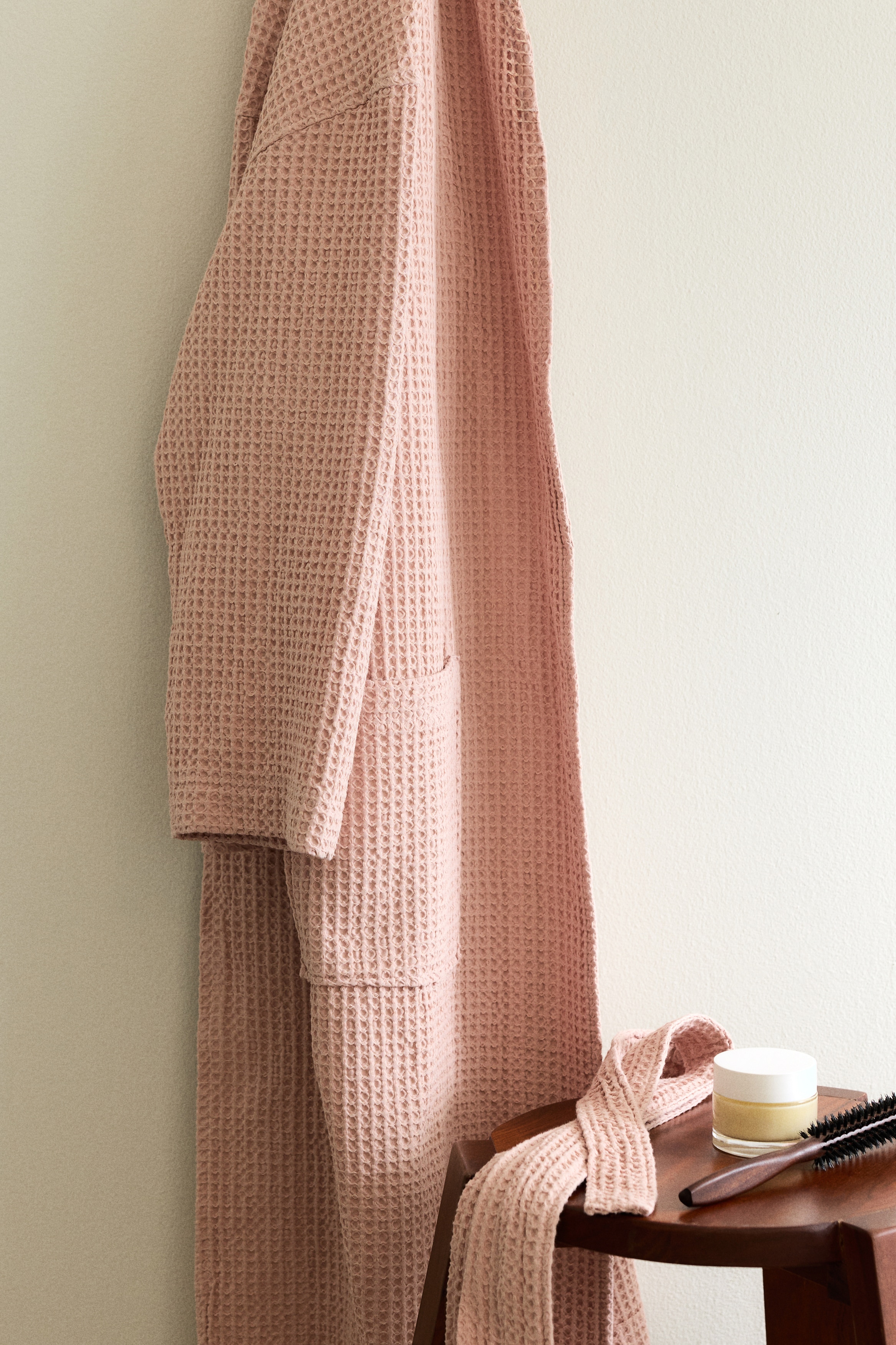 Våfflad morgonrock - Puderrosa/Ljusgul/Vit/Mörkbeige