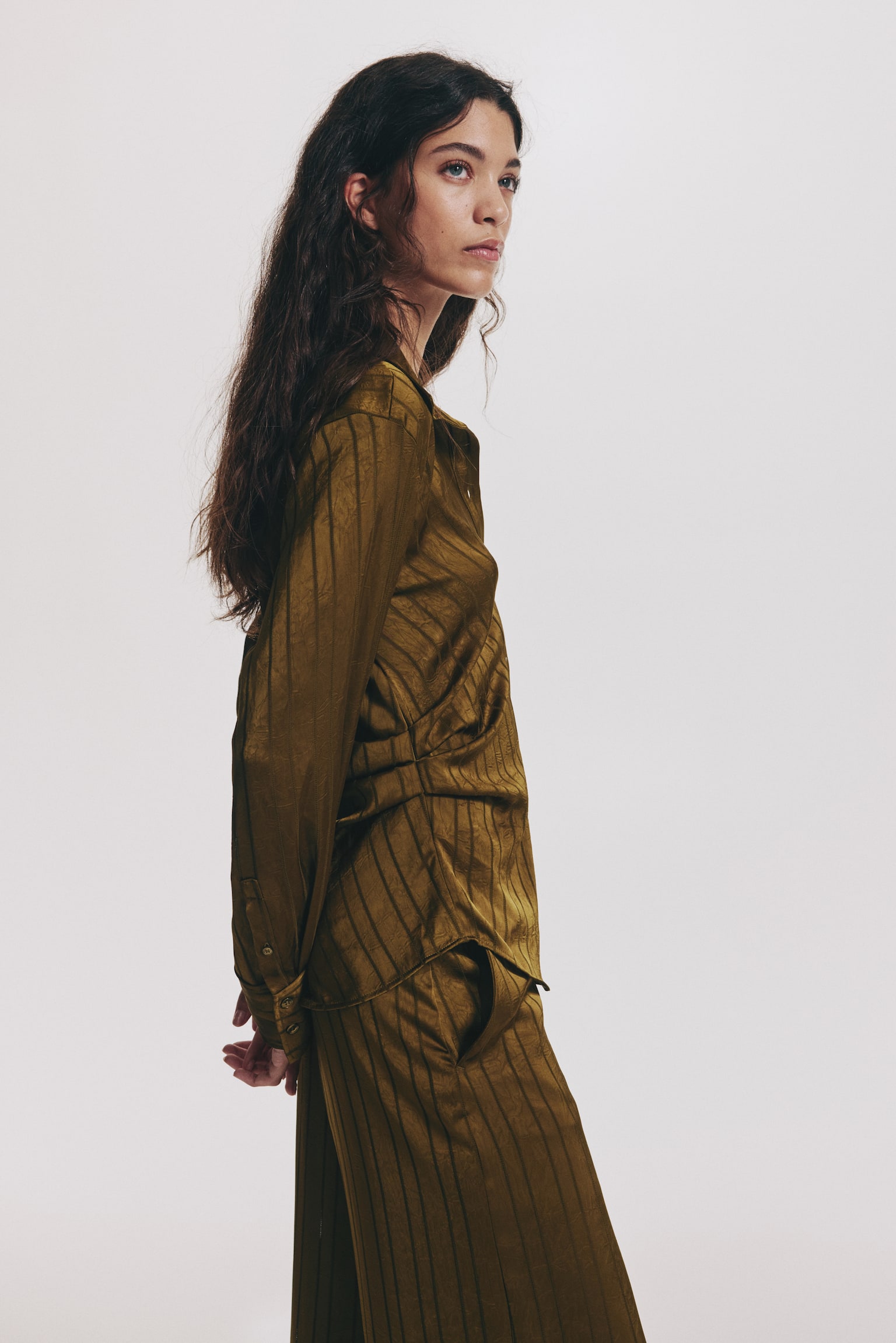 Draped shirt - Golden olive/Dark brown/Cream - 3