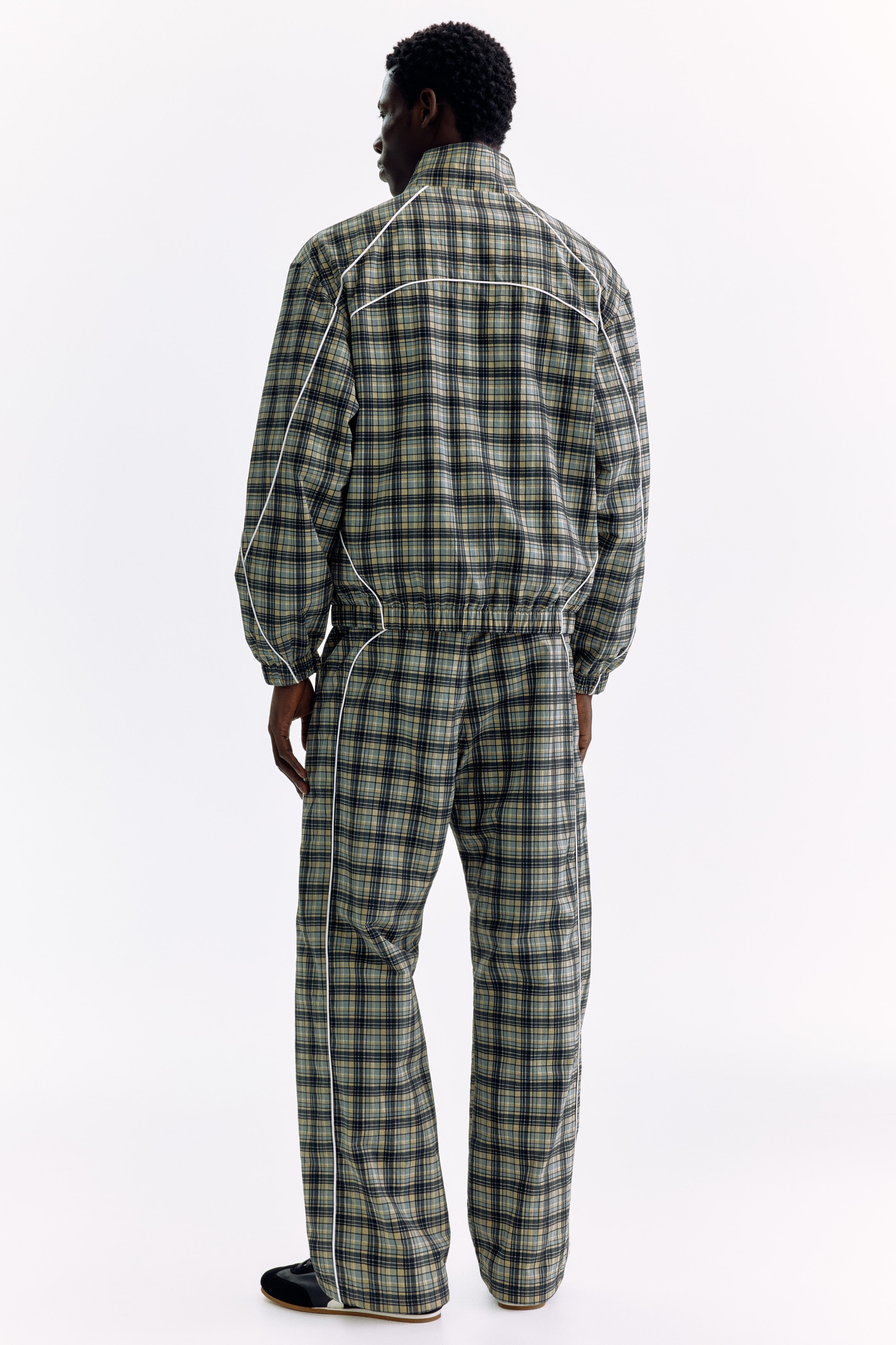 slim fit dress slacks Manzini Slim Fit Plaid Pants Lime Green White Grey Yellow Mens Trousers Chain Detail Elastic Waistband 44x34 main image 0