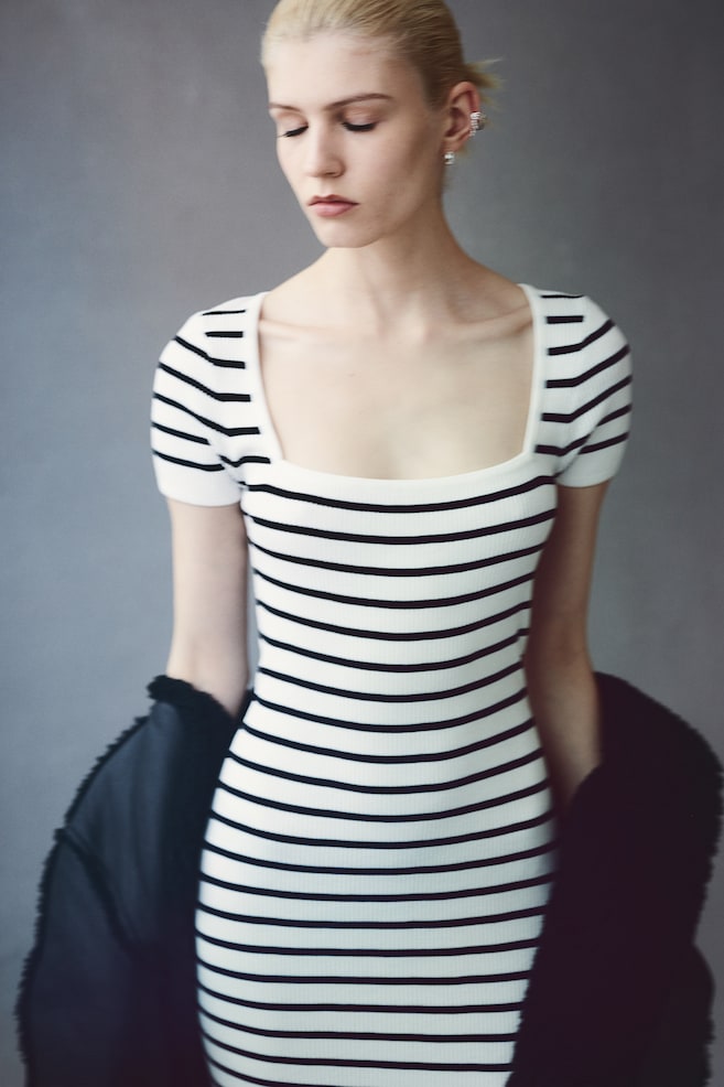 Rib-knit midi dress - Cream/Striped/Black/Black/Striped/Cream - 1