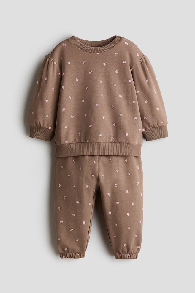 2-Piece Printed Brushed Sweatshirt Set - Brown/floral/Light pink/hearts - 1