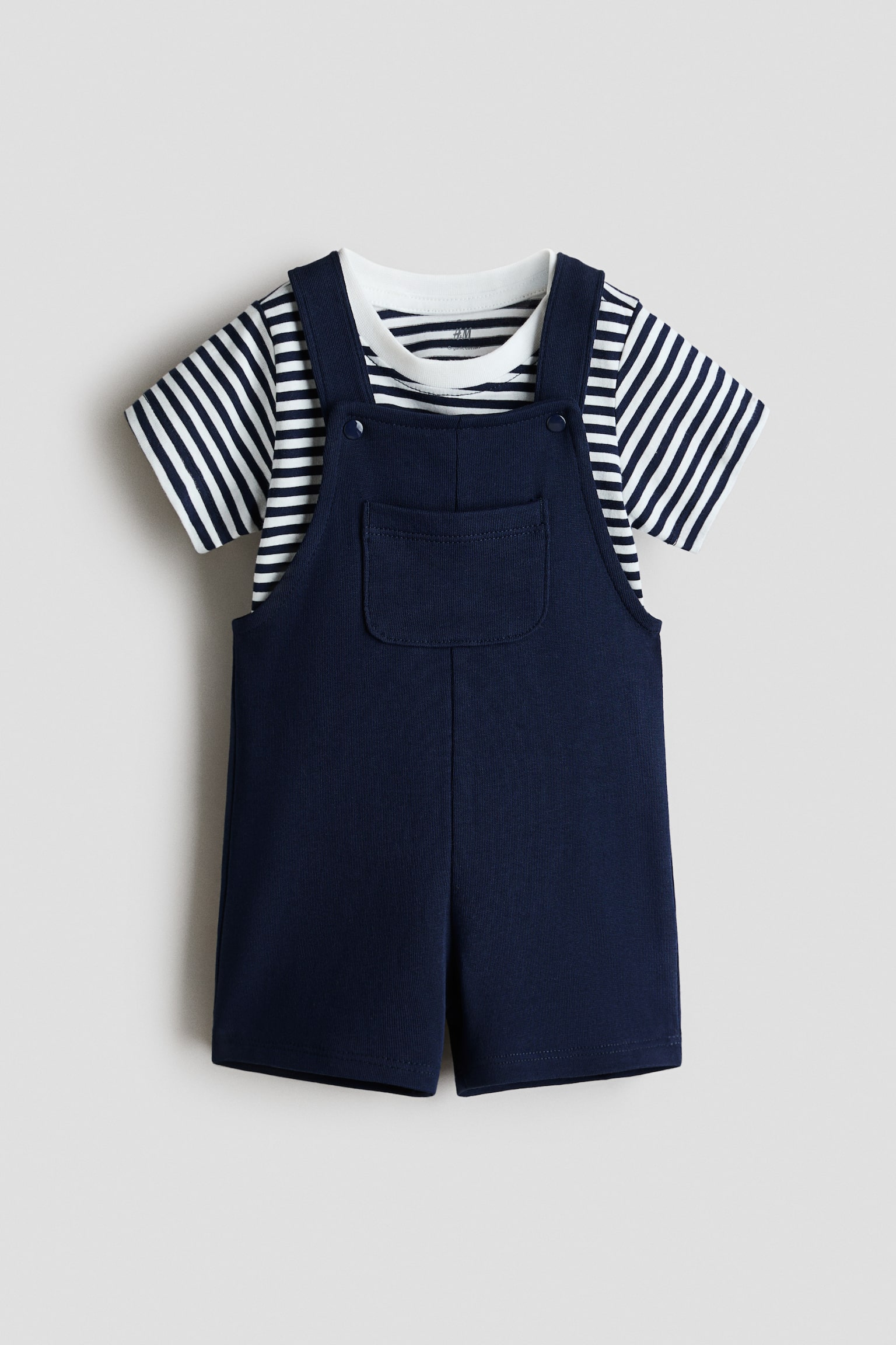 2-piece T-shirt and dungarees set - Navy blue/Striped/Khaki green/Striped