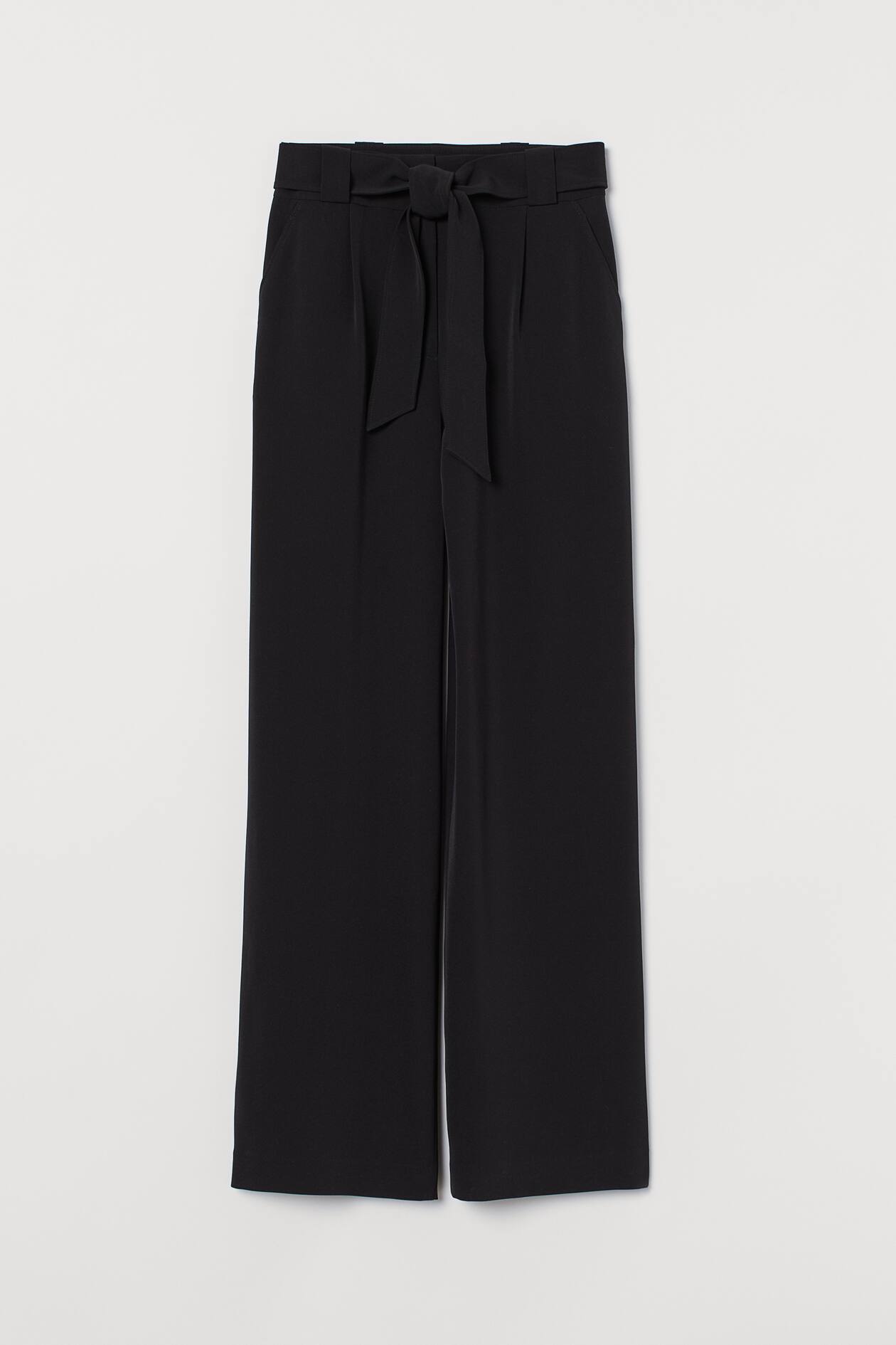 Pants with Tie Belt - High waist - Long - Black - Ladies | H&M US