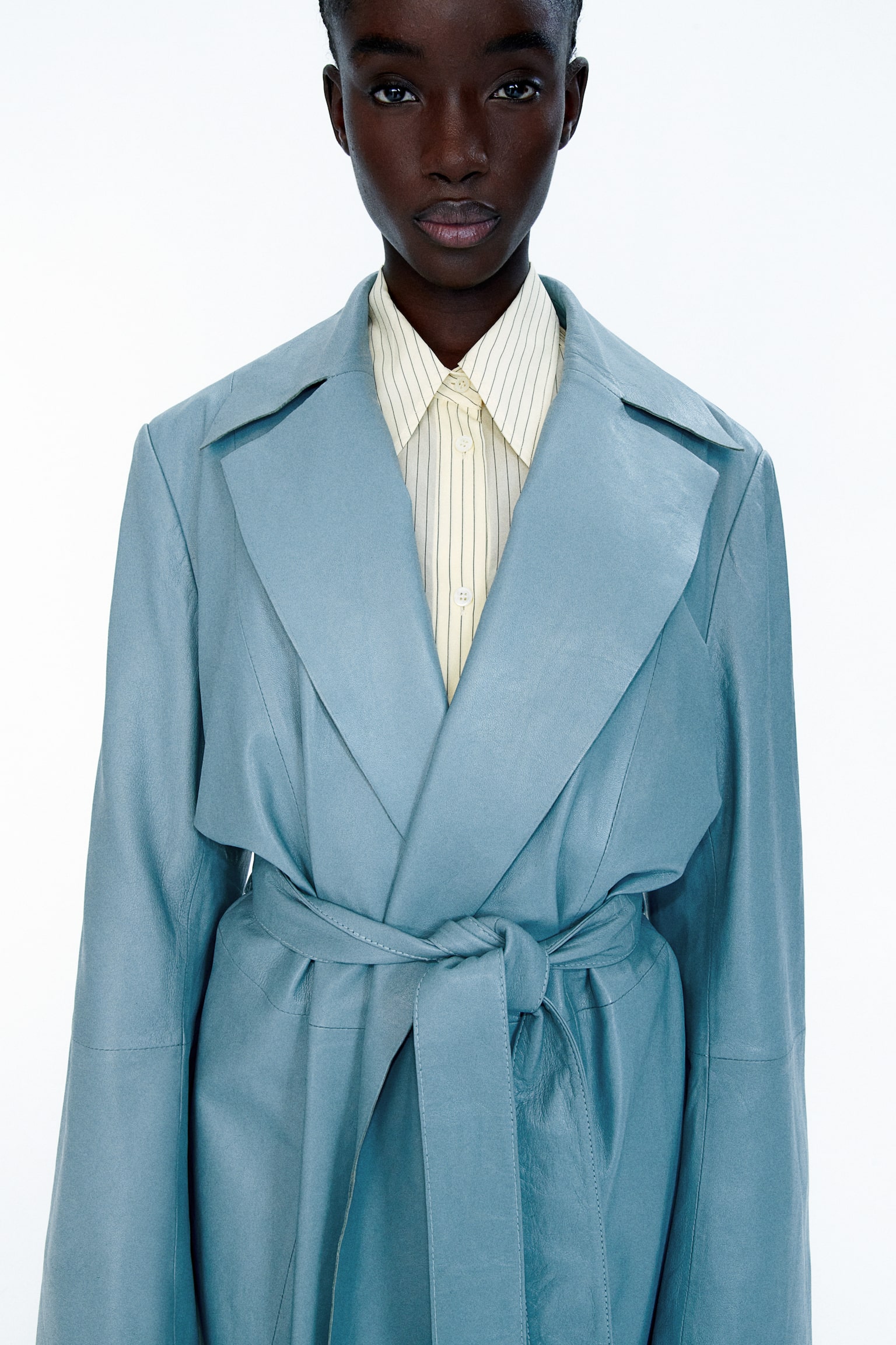 Leather Tie Belt Coat - Blue - 5