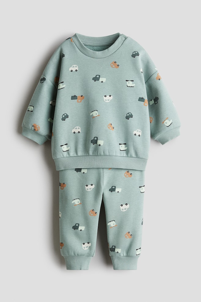 2-Piece Printed Brushed-Inside Sweatsuit - Turquoise/vehicles - 1