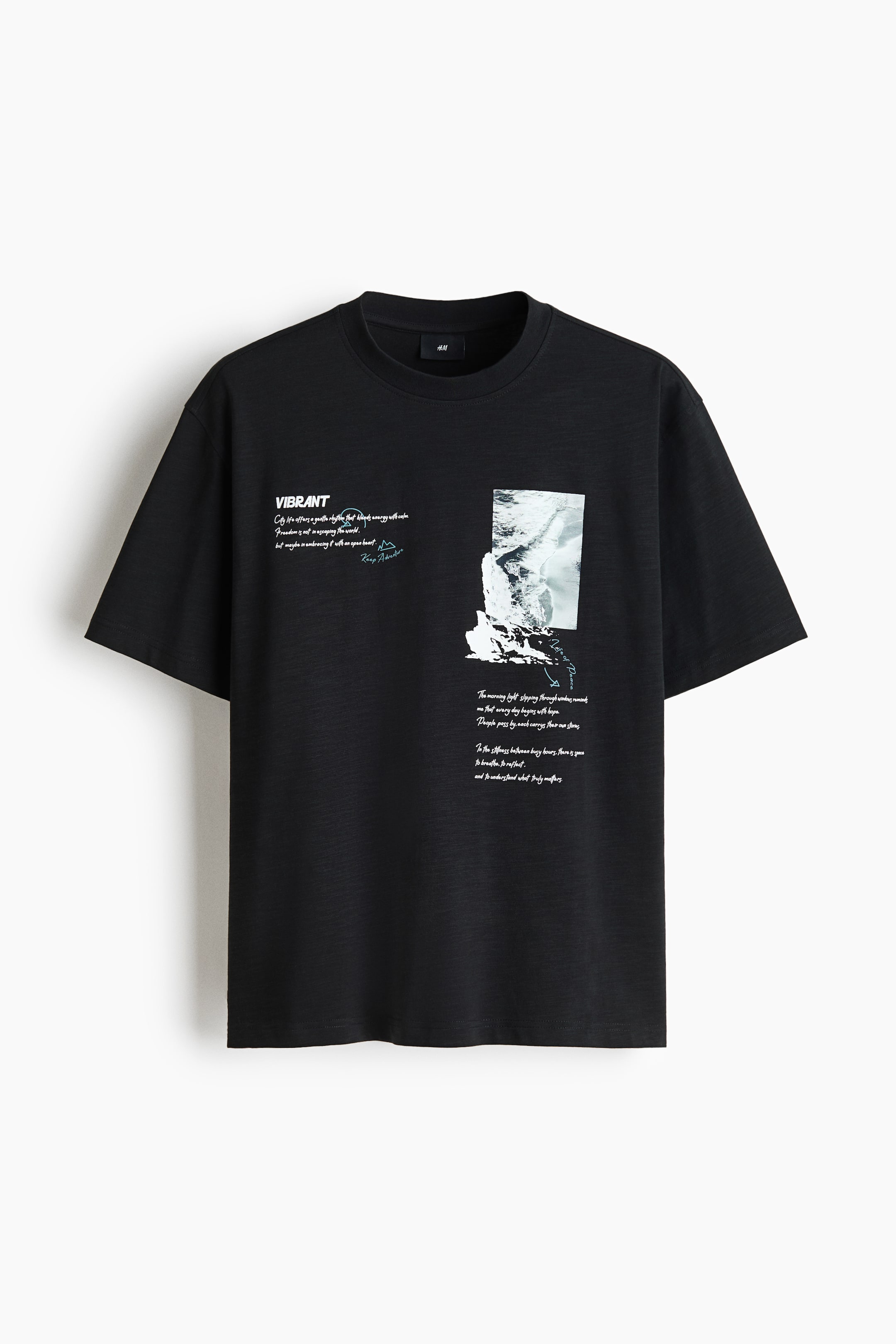 View larger image: A black heavyweight cotton T-shirt is hanging front-facing, showcasing a relaxed fit with dropped shoulders, a ribbed crew neckline, and a straight hem. The chest features white graphic prints, including the word "VIBRANT" with cursive text on one side and a rectangular landscape graphic with white script below it on the other.