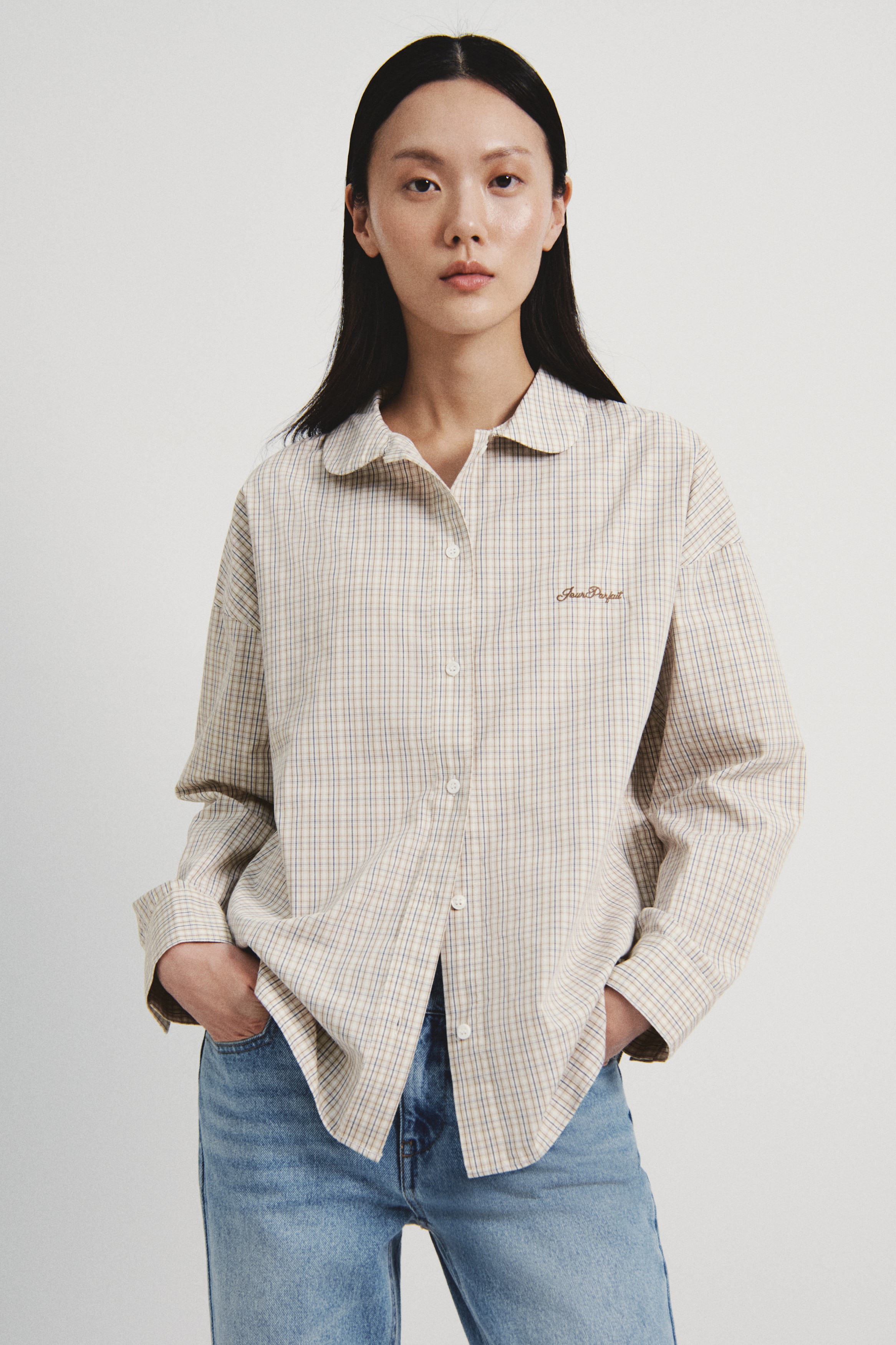 コットンポプリンシャツ - ベージュ／チェック/ブラウン／チェック/ライトブルー／チェック