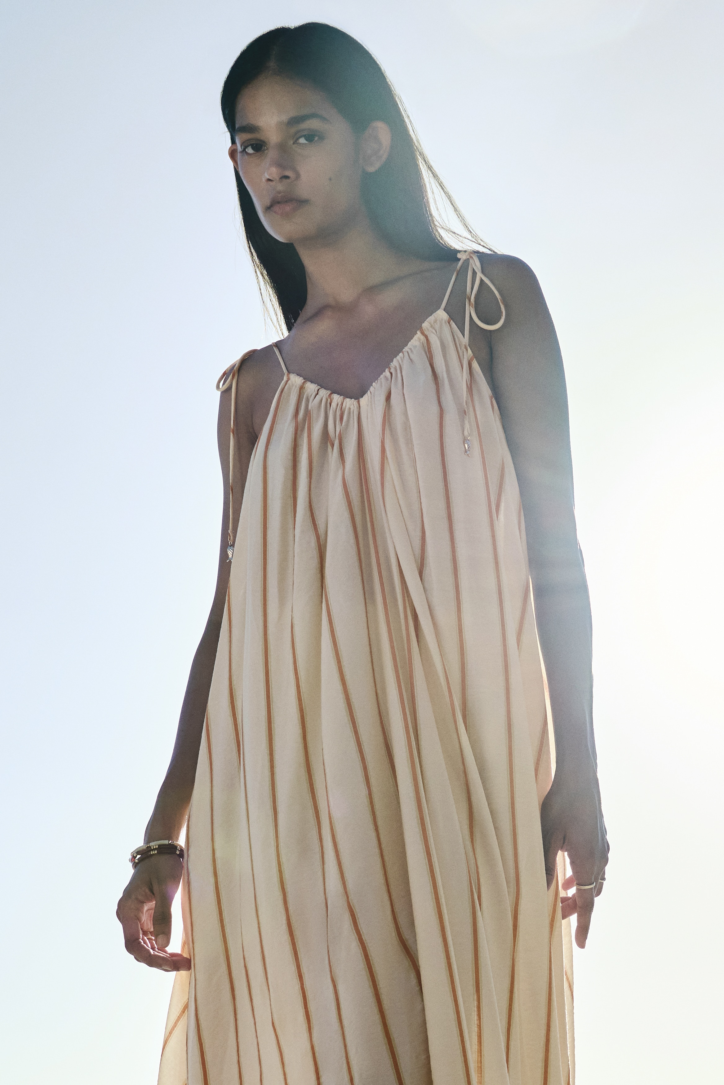 Tie-strap dress - Cream/Striped/Khaki green