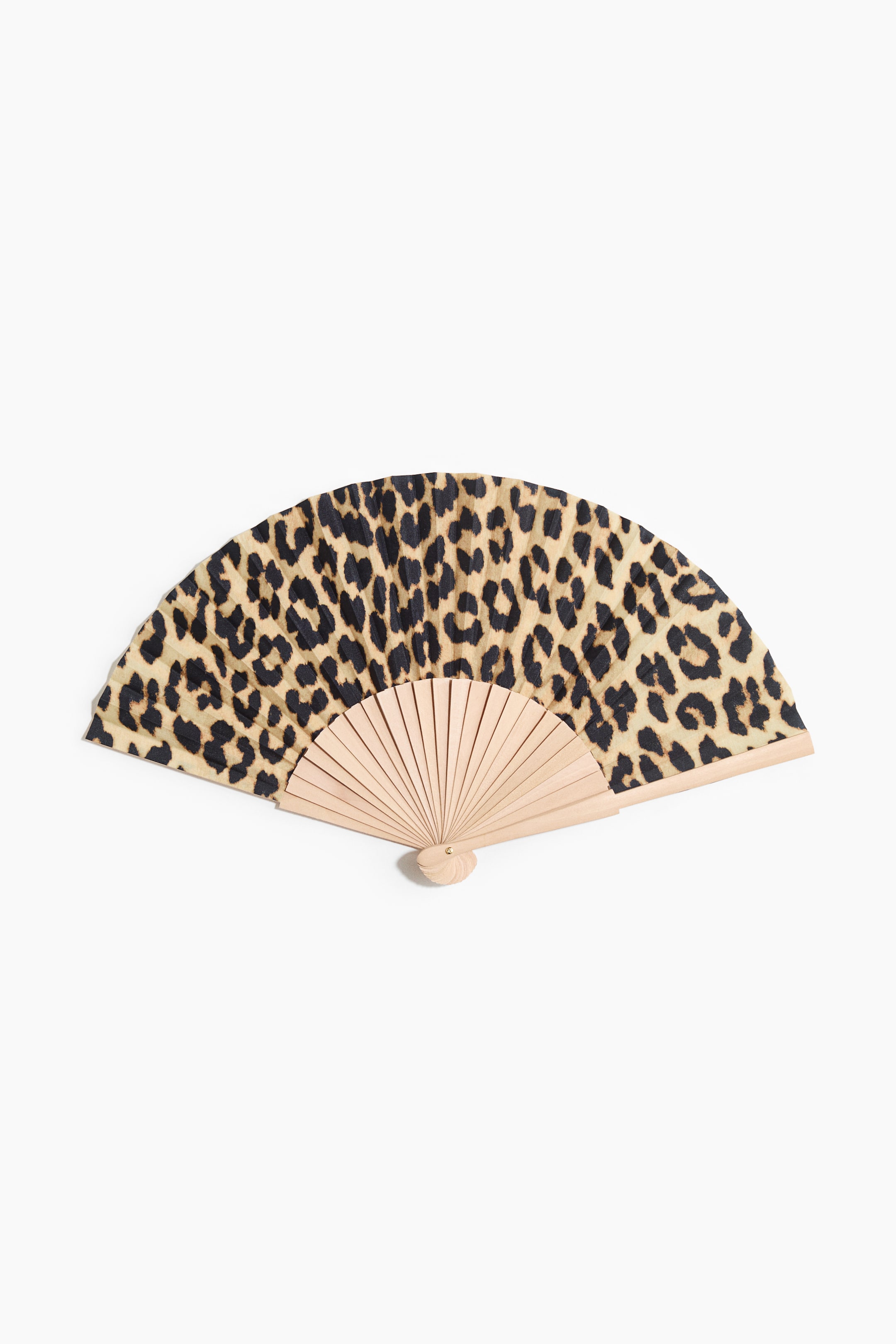 View larger image: A fan showcases an open, leopard print fanning surface adorned with beige and black spots. It features light-colored wooden ribs extending from a central pivot point at the base, presented from the FRONT.