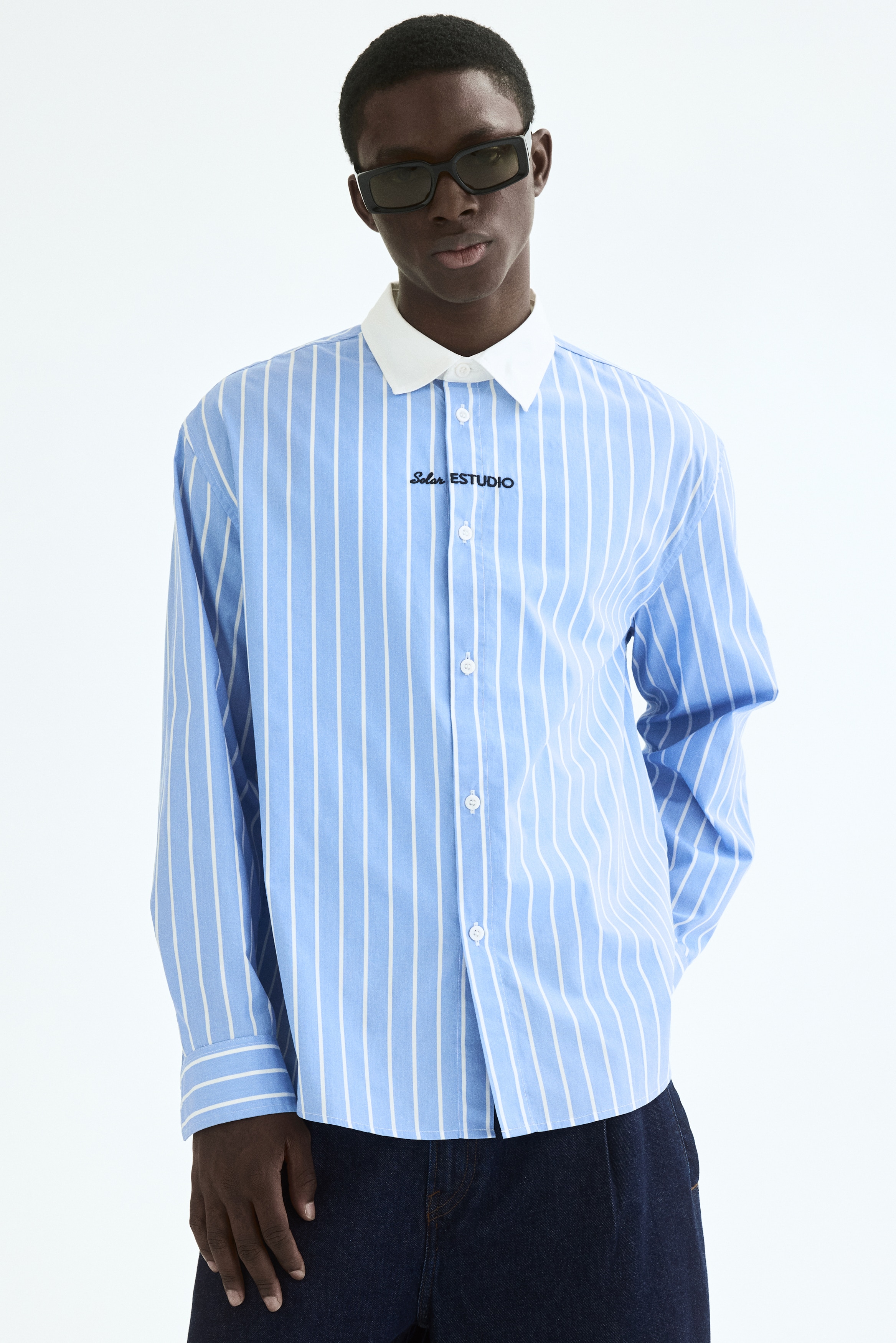 Pamučna košulja sa vezenim motivom Relaxed Fit - Light blue/Striped