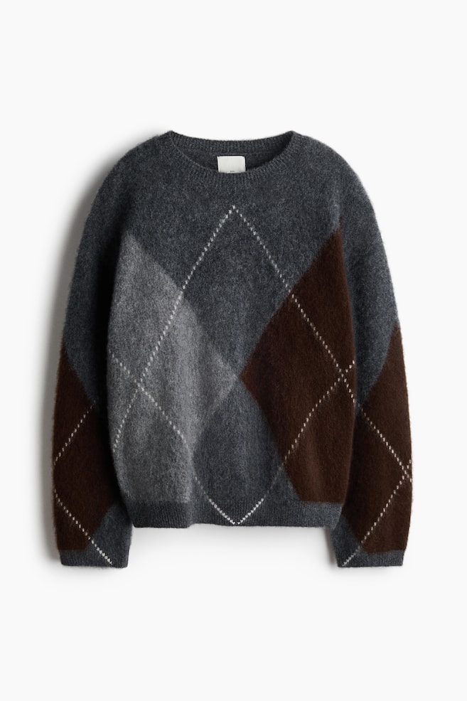 Intarsia-knit wool jumper - Dark grey marl/Argyle pattern - 1