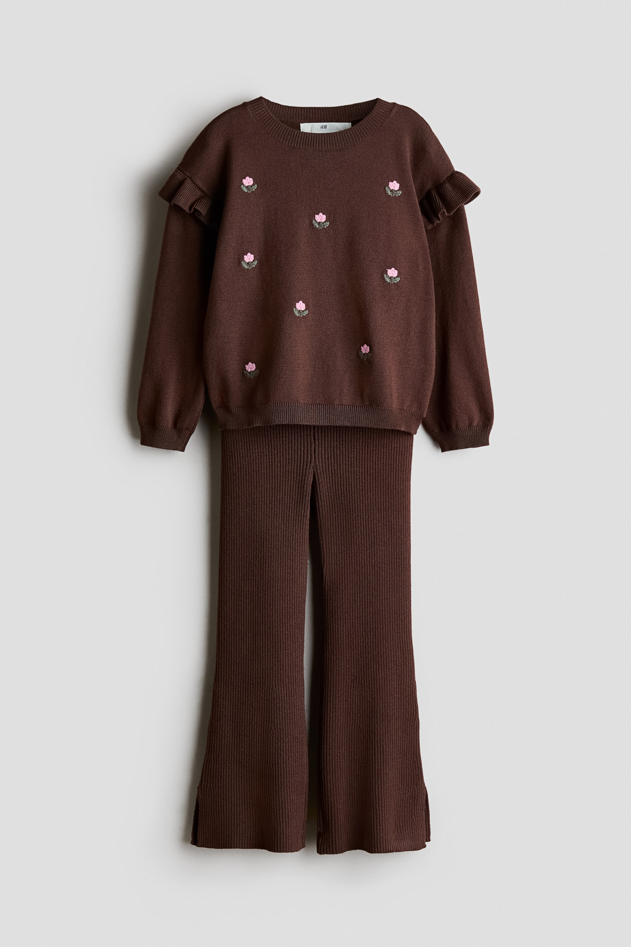 View larger image: 2-piece knitted embroidery-detail set - Rust brown/Flowers - Kids | H&M 1