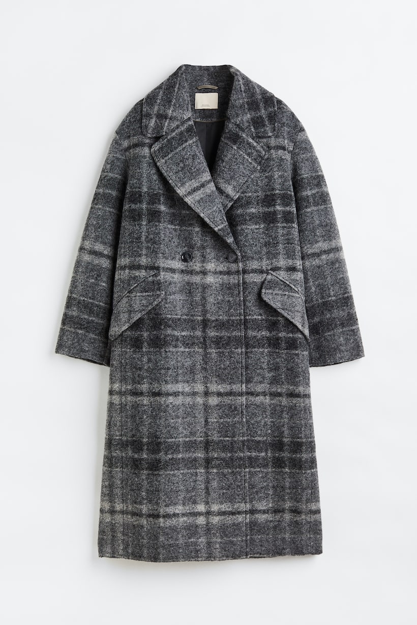 Wool-blend coat - Long sleeve - Long - Grey/Checked - Ladies | H&M GB