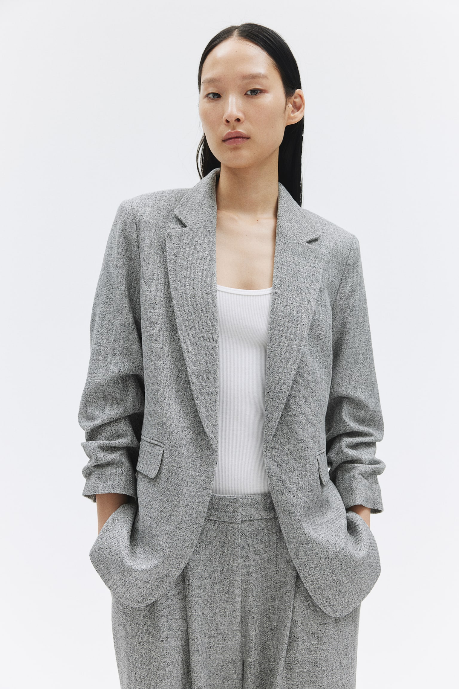 Gathered-sleeve blazer - Grey marl/Light beige/Black/Beige/Herringbone-patterned - 1