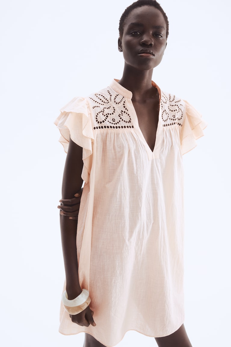 Women's White Flutter-Sleeve Dress with Eyelet Embroidery | H&M US