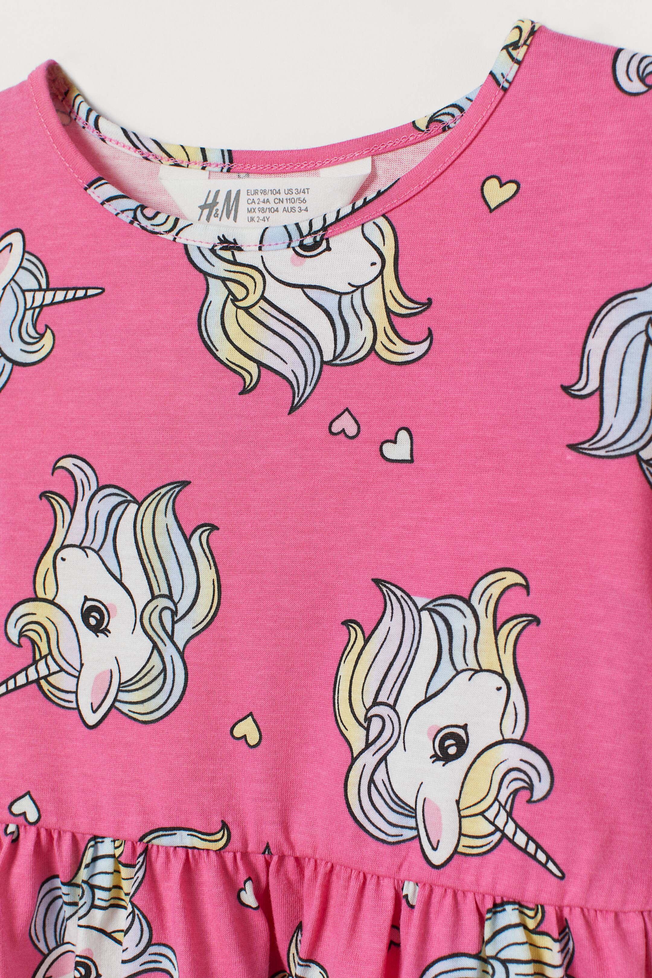 Cotton Jersey Dress Round Neck Long sleeve Cerise/unicorns Kids H&M US