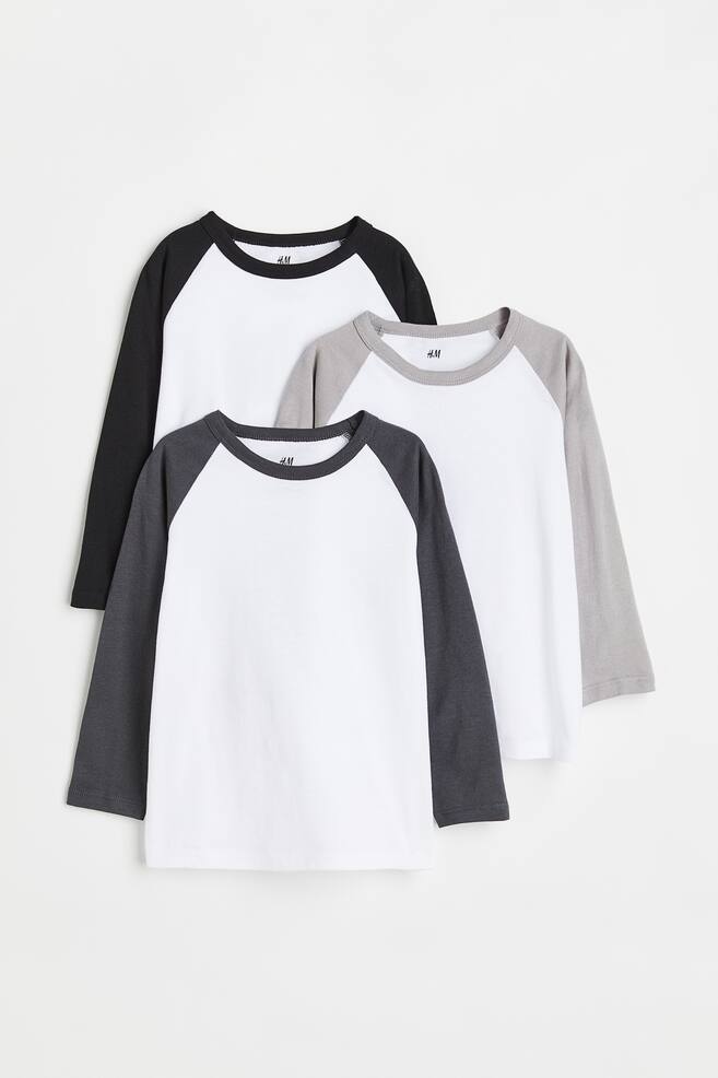 3-pack cotton jersey tops - Dark grey/Block-coloured/White/Green - 1