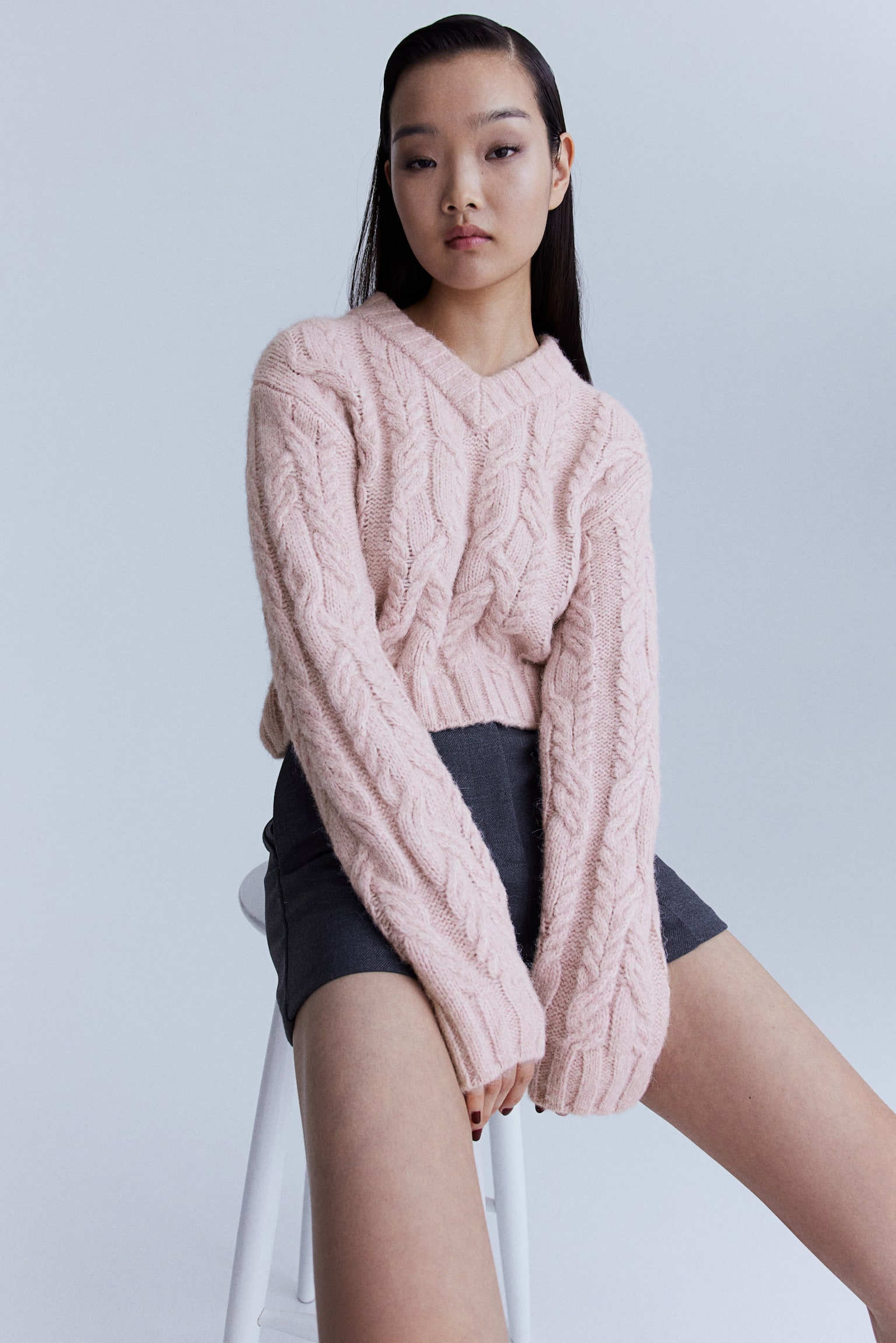 V-neck cable-knit jumper - Light dusty pink/Cream - 2