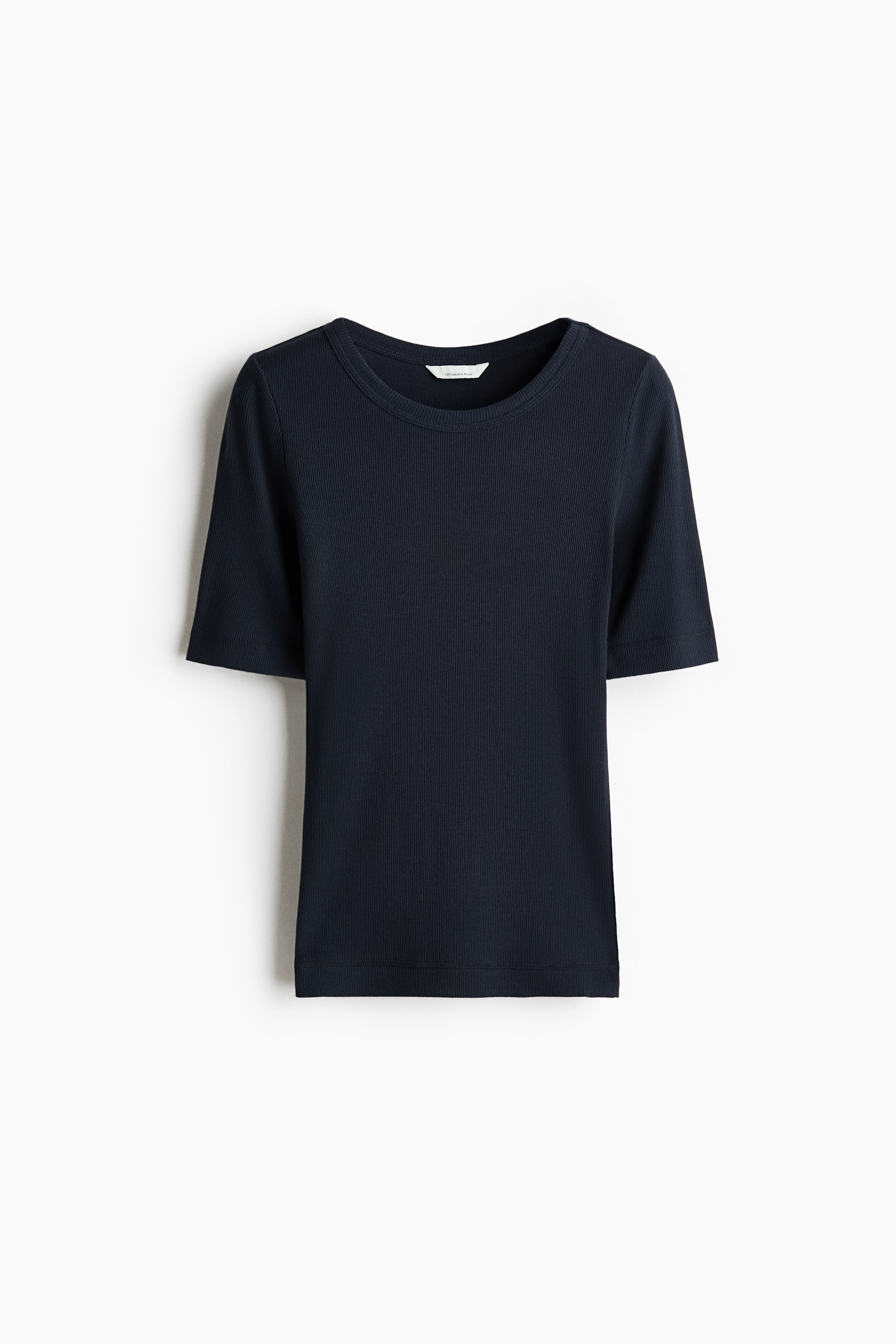 View larger image: A dark blue fitted top is shown from the FRONT. It features a ribbed texture, a round neckline, elbow-length sleeves, and a straight-cut hem.