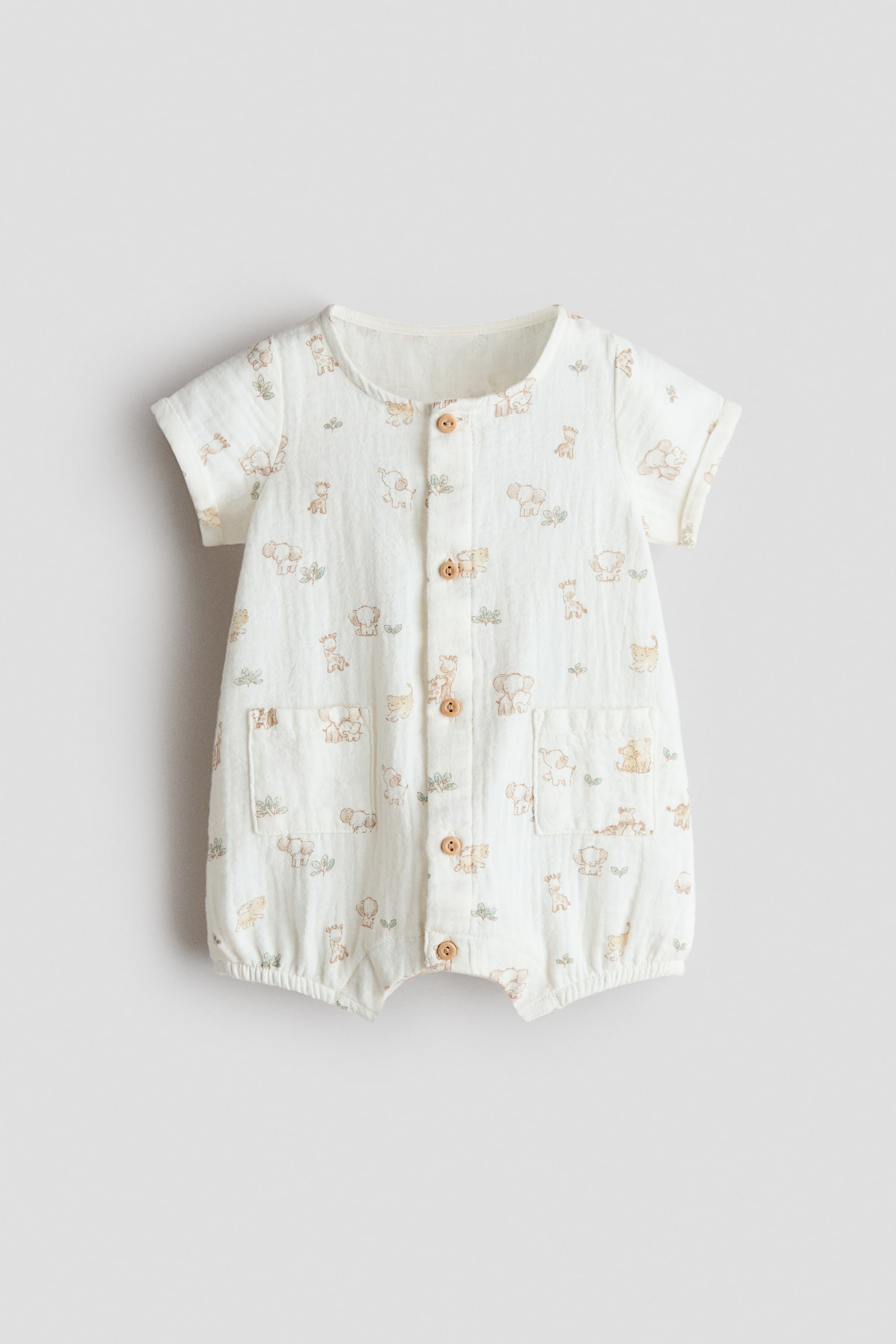Cotton muslin romper suit - White/Animals/Cream/Light turquoise - 2