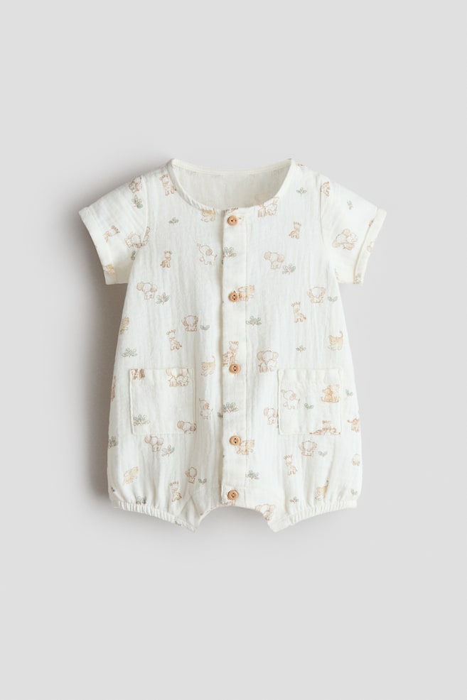Cotton Muslin Romper Suit - White/animals/Light turquoise/Cream - 1